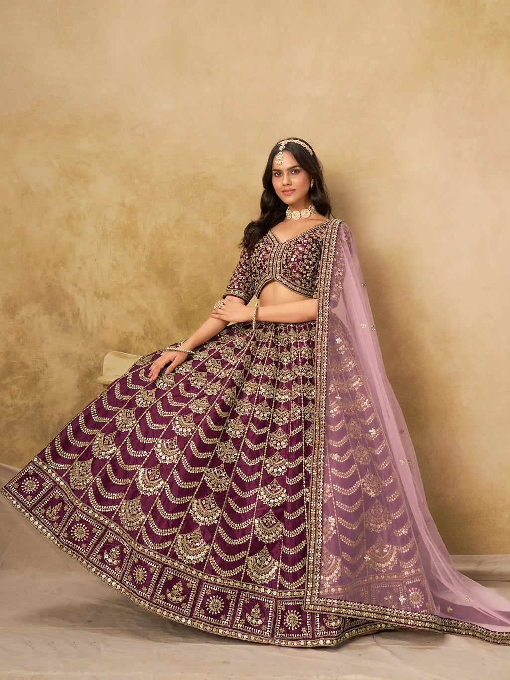 Wine Berry Sequins Embroidery Work Art Silk Lehenga