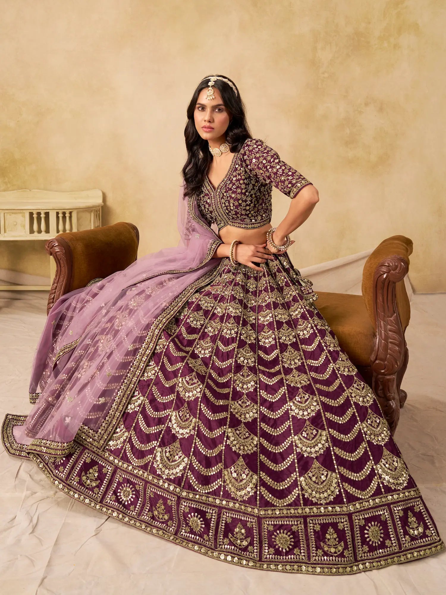Wine Berry Sequins Embroidery Work Art Silk Lehenga