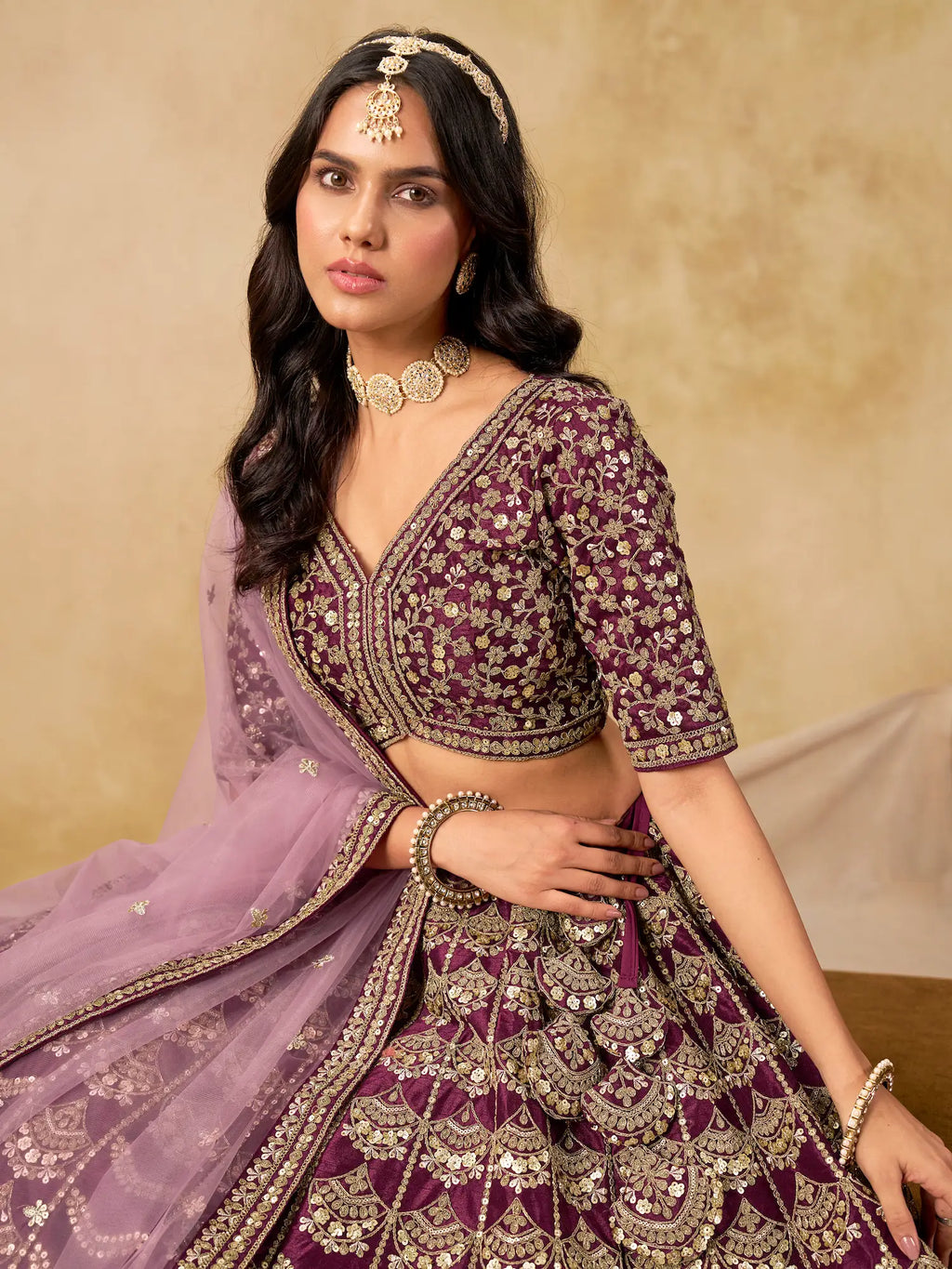 Wine Berry Sequins Embroidery Work Art Silk Lehenga