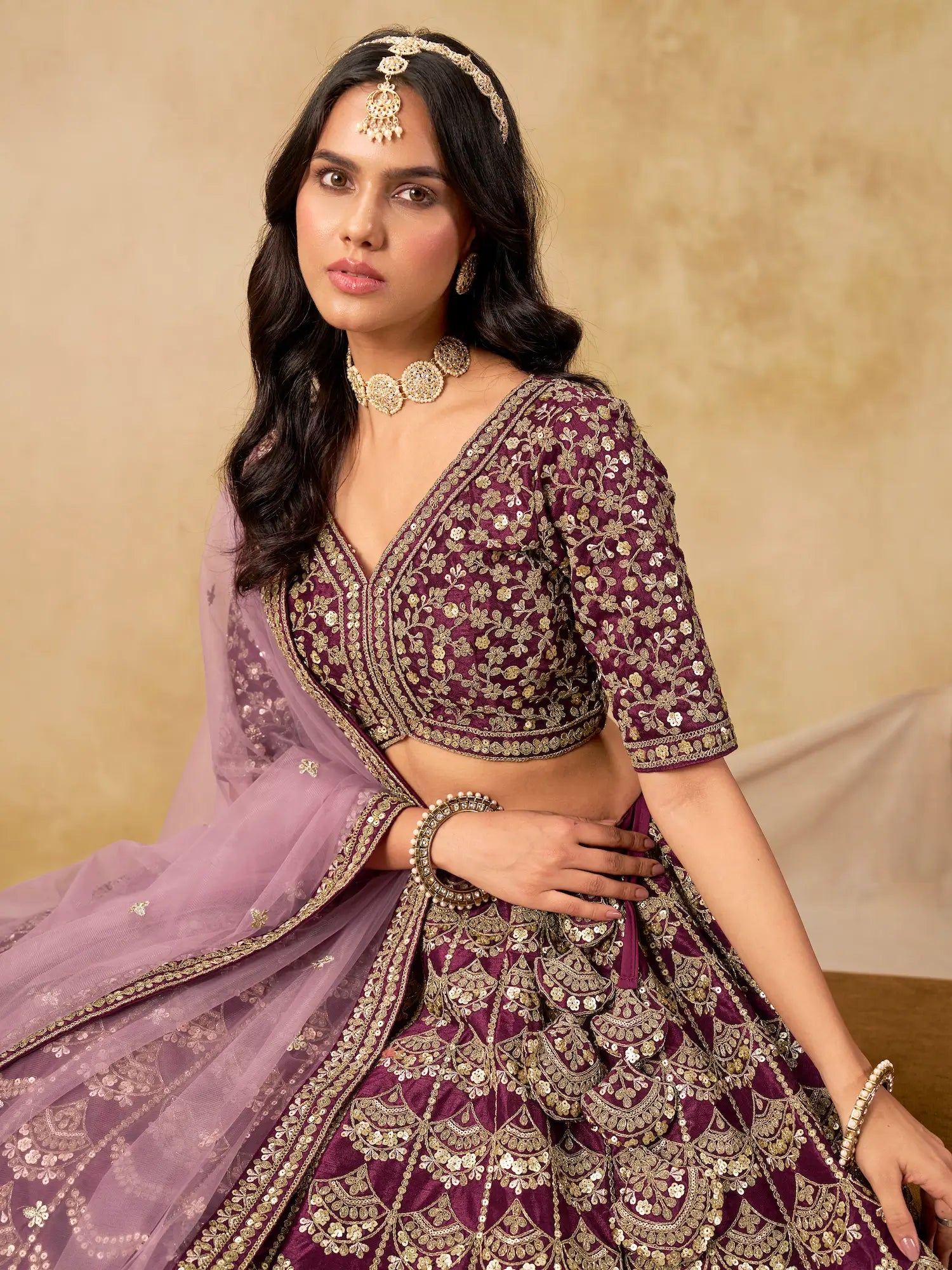Wine Berry Sequins Embroidery Work Art Silk Lehenga