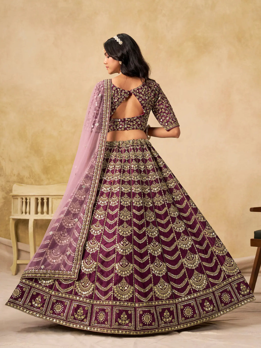Wine Berry Sequins Embroidery Work Art Silk Lehenga
