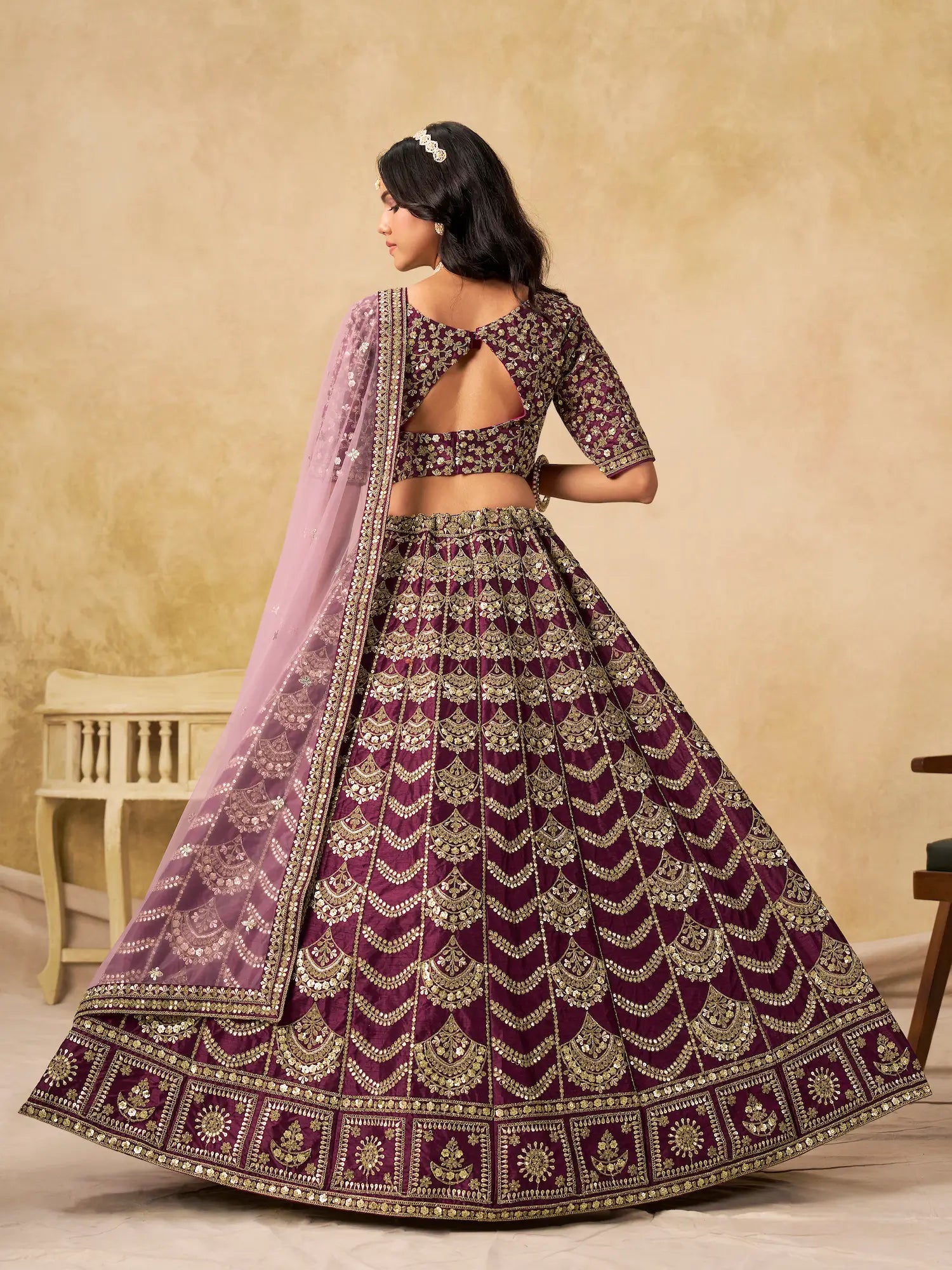 Wine Berry Sequins Embroidery Work Art Silk Lehenga