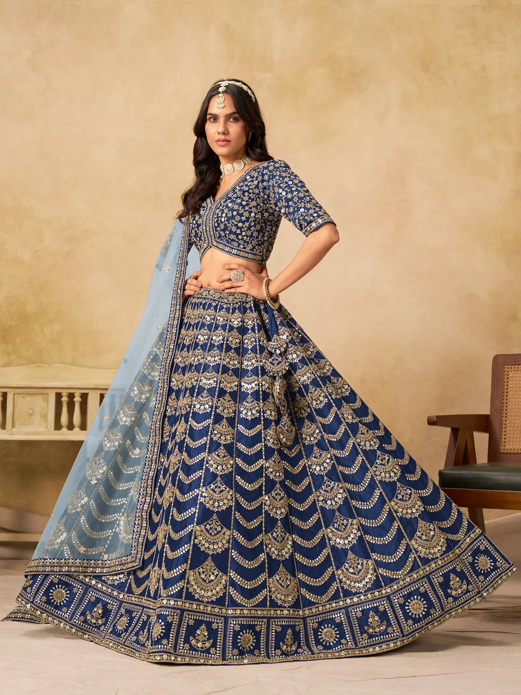 Nile Blue Sequins Embroidery Work Art Silk Lehenga
