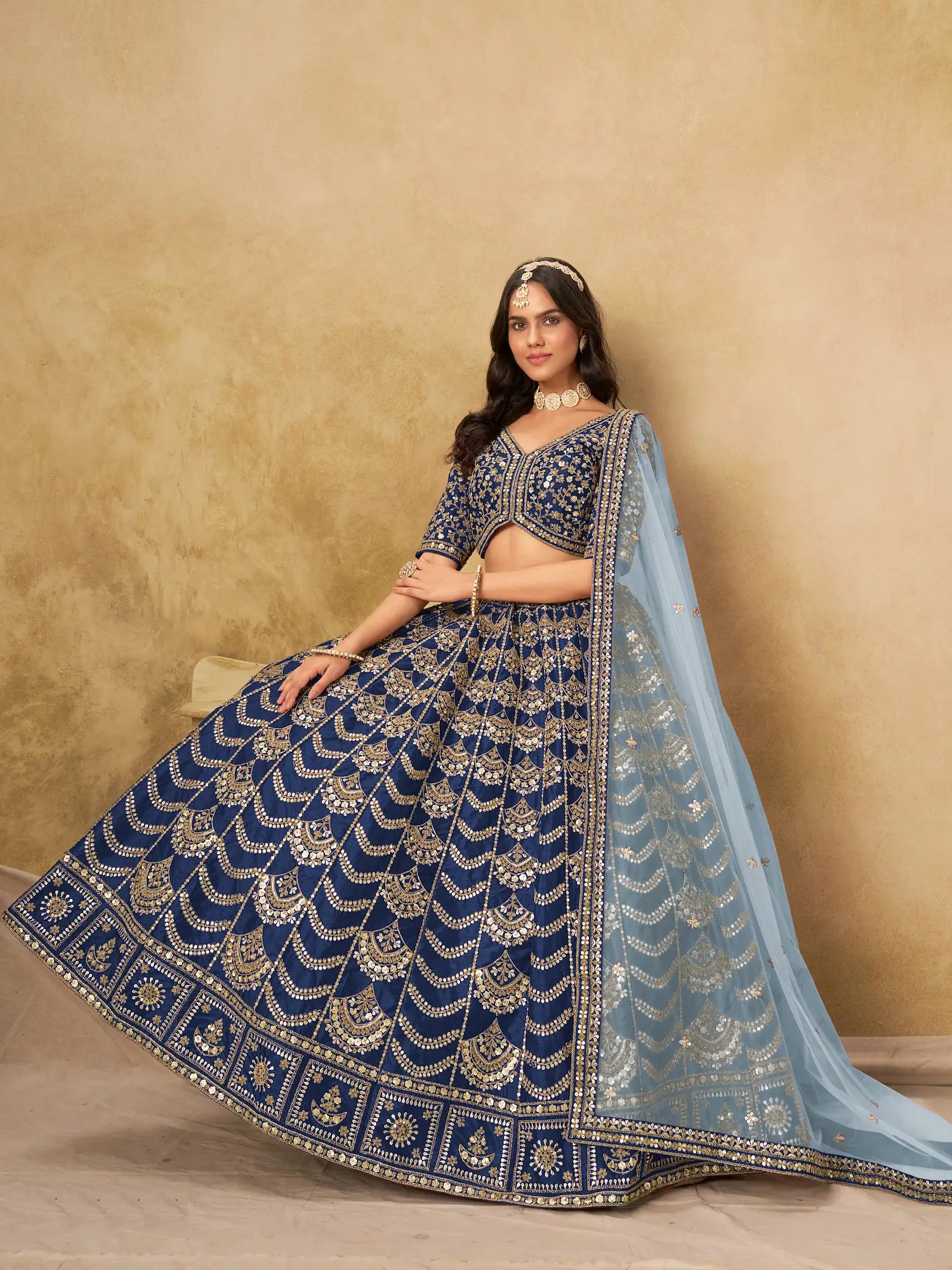Nile Blue Sequins Embroidery Work Art Silk Lehenga