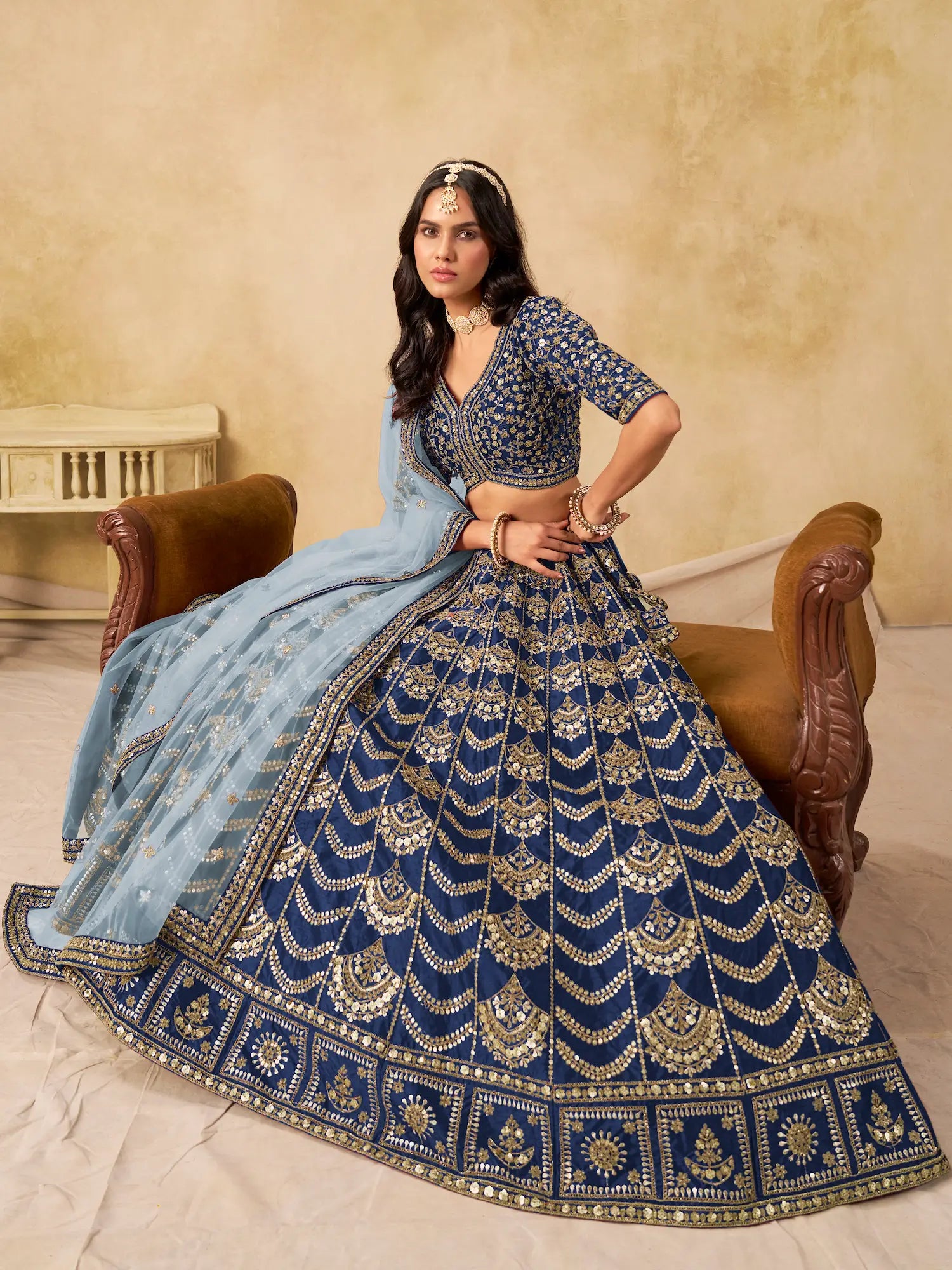 Nile Blue Sequins Embroidery Work Art Silk Lehenga