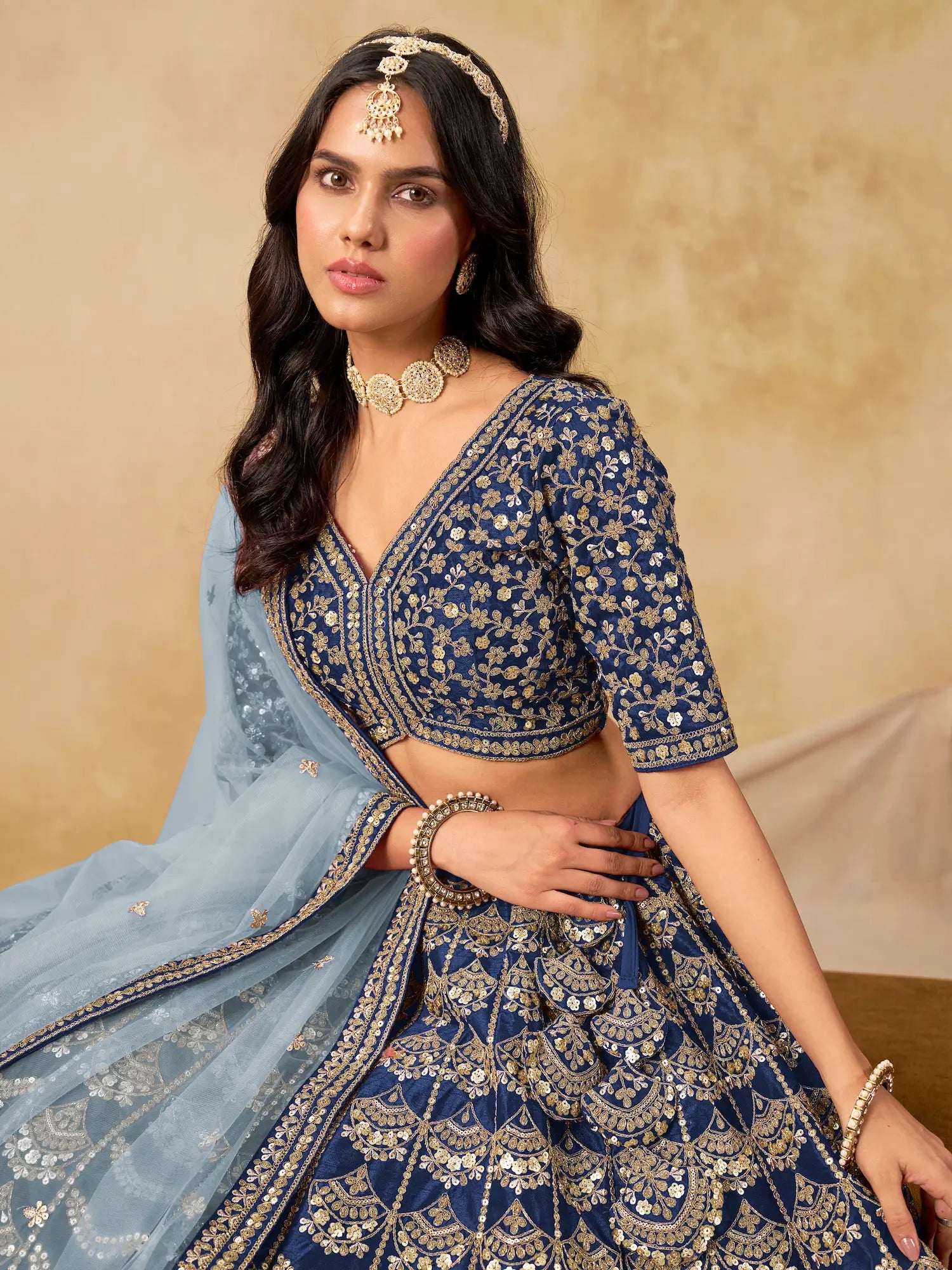 Nile Blue Sequins Embroidery Work Art Silk Lehenga
