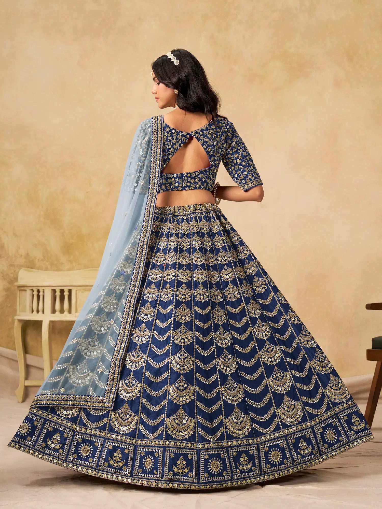 Nile Blue Sequins Embroidery Work Art Silk Lehenga