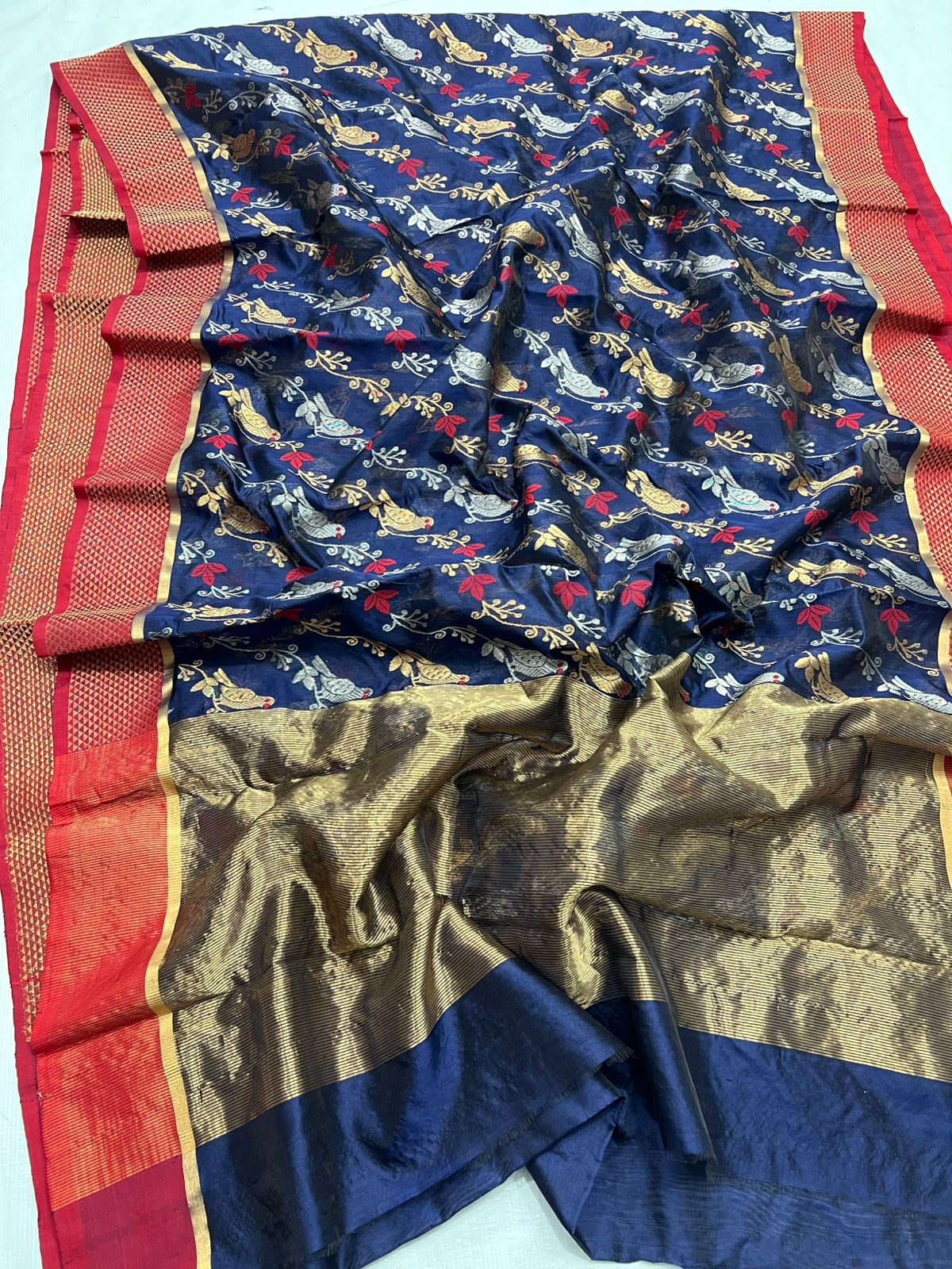 Dark Blue Chanderi Handloom Pattu Silk Meenakari Handwork Saree