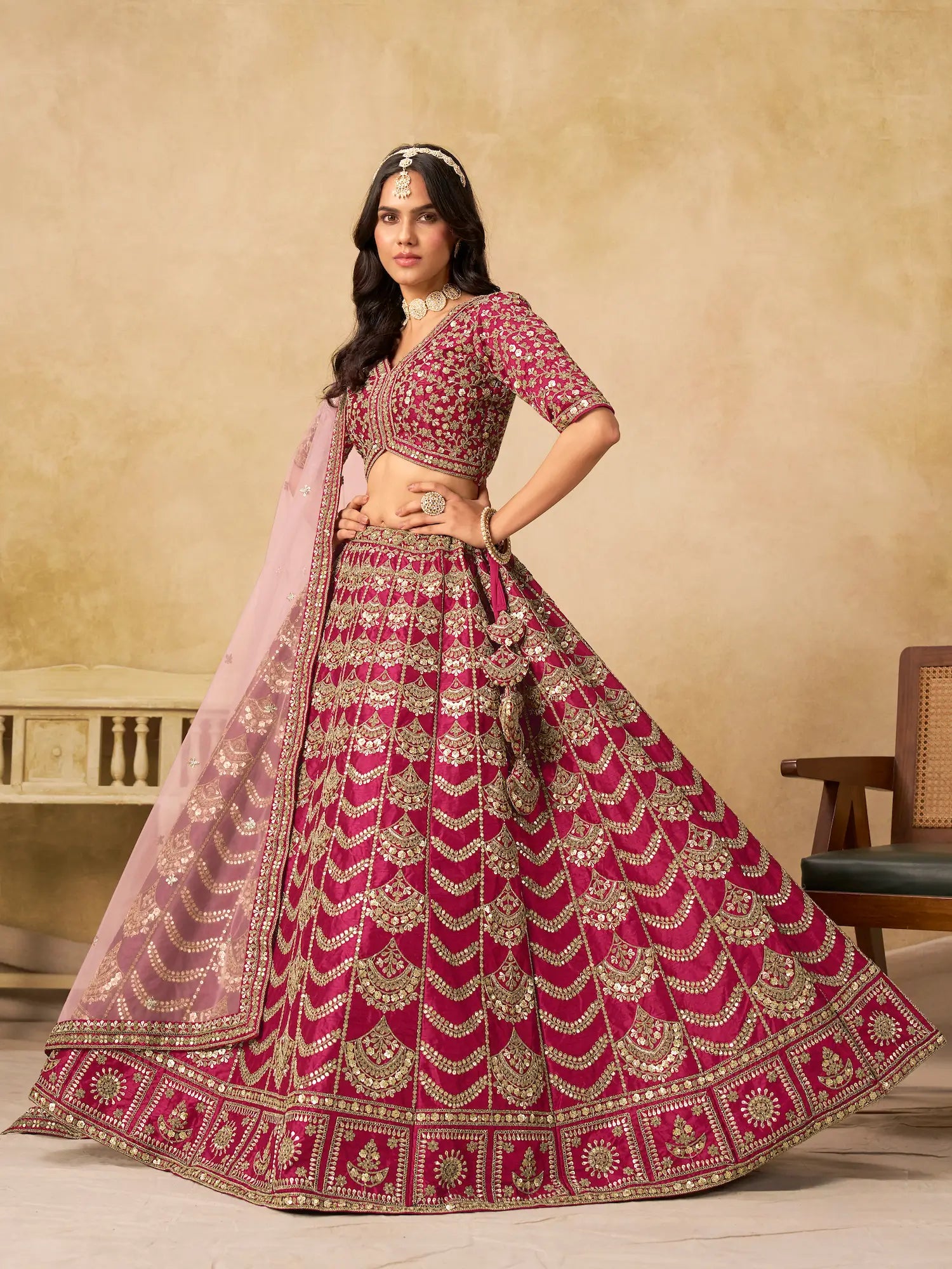 Burnt Pink Sequins Embroidery Work Art Silk Lehenga