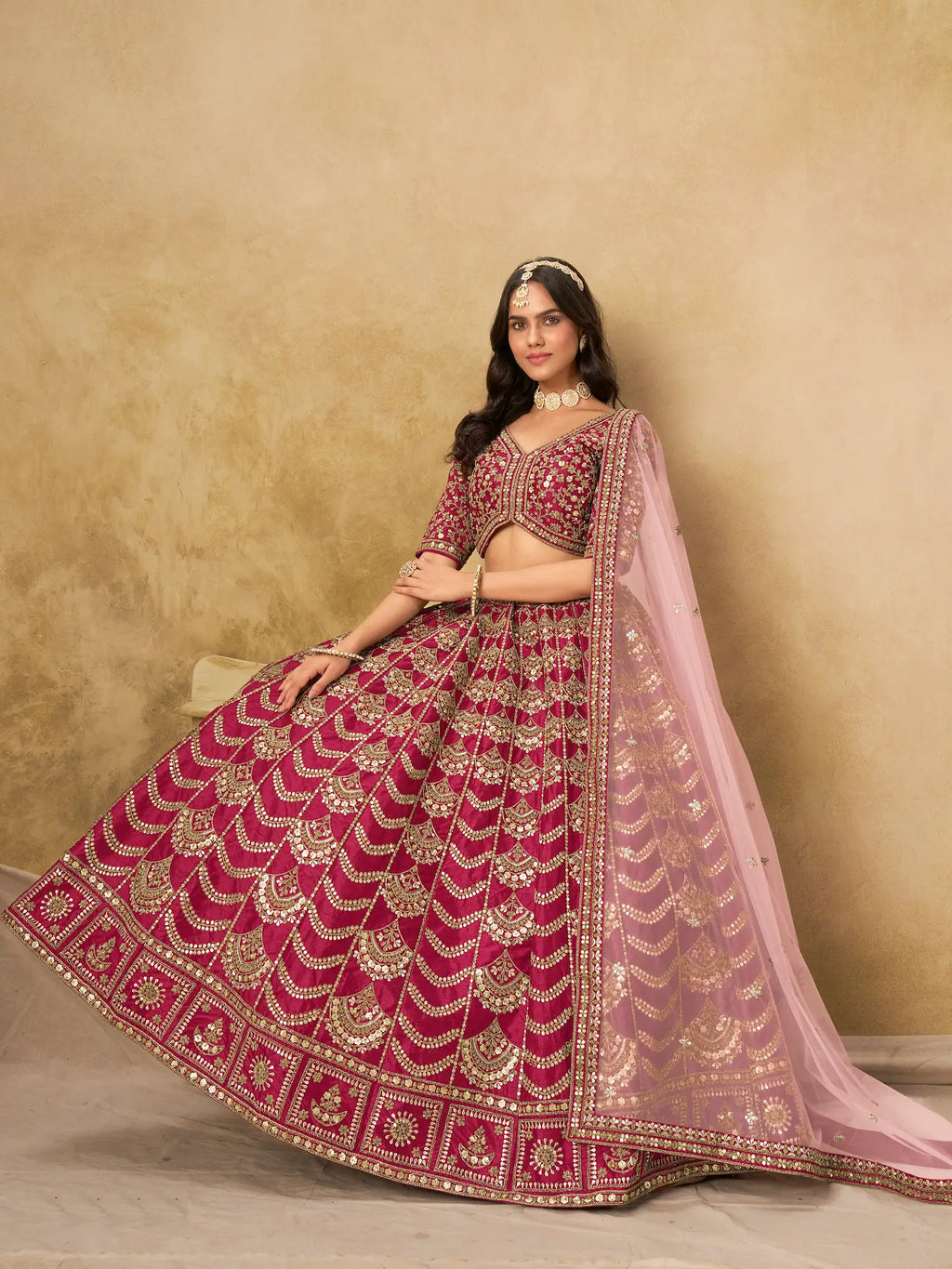 Burnt Pink Sequins Embroidery Work Art Silk Lehenga