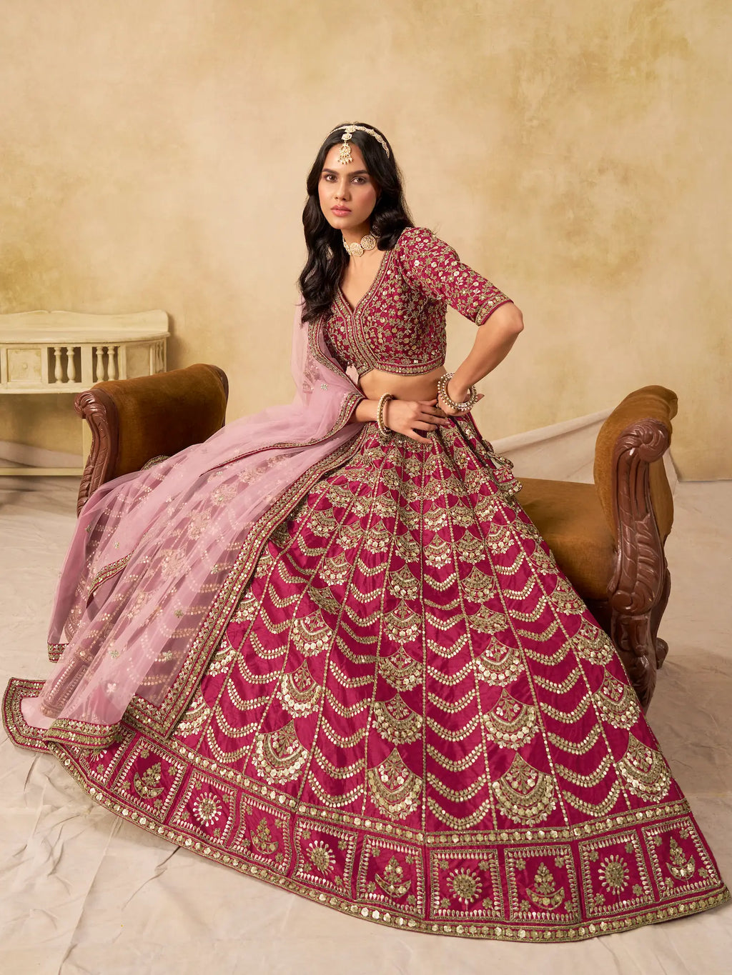 Burnt Pink Sequins Embroidery Work Art Silk Lehenga