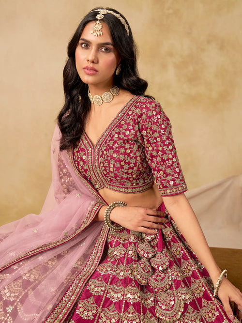Burnt Pink Sequins Embroidery Work Art Silk Lehenga