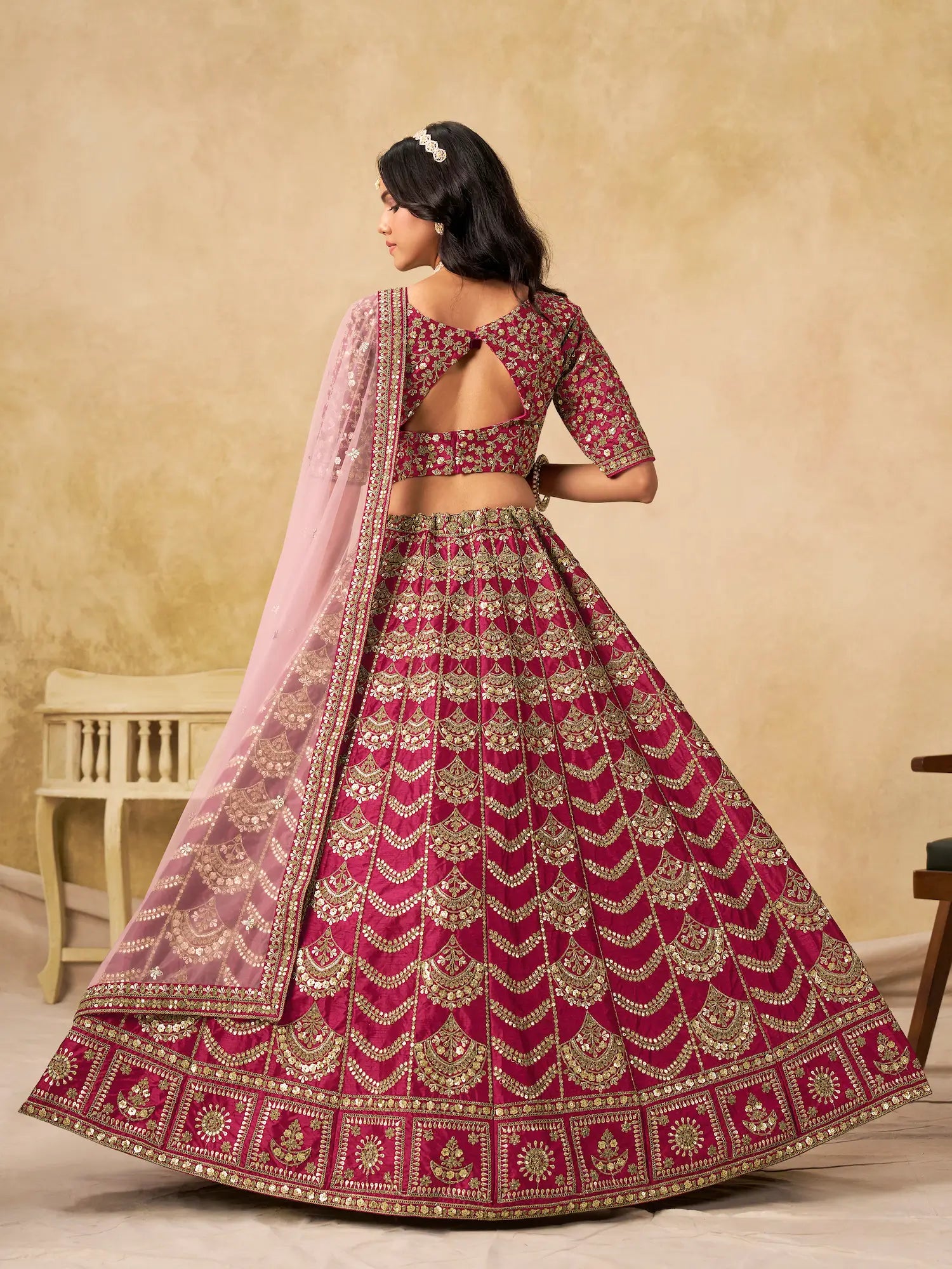 Burnt Pink Sequins Embroidery Work Art Silk Lehenga