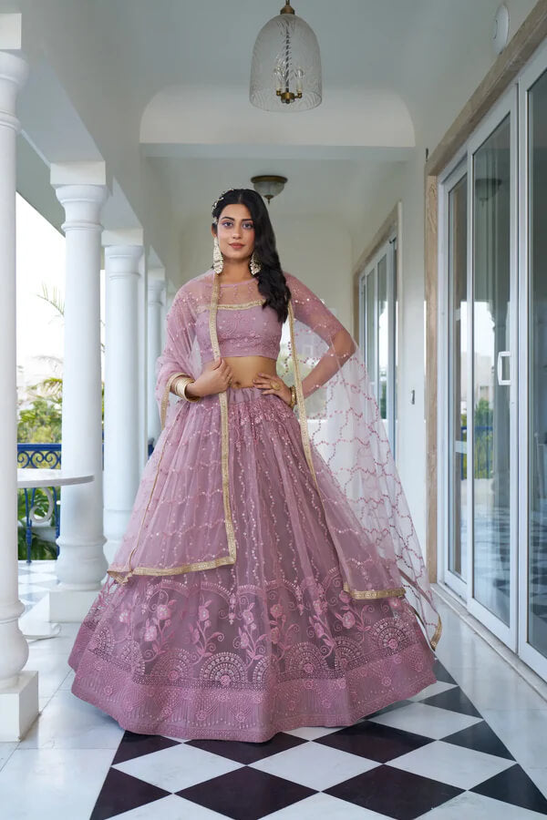 Designer Dusty Pink Net Lehenga Choli with Sequins Detailing