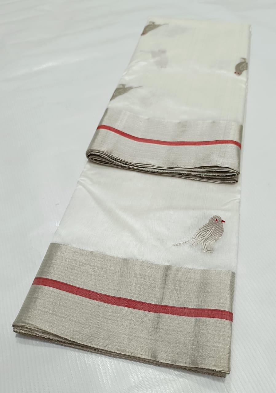 Pearl White Chanderi Handloom Pattu Silk Eknal Buttas Saree