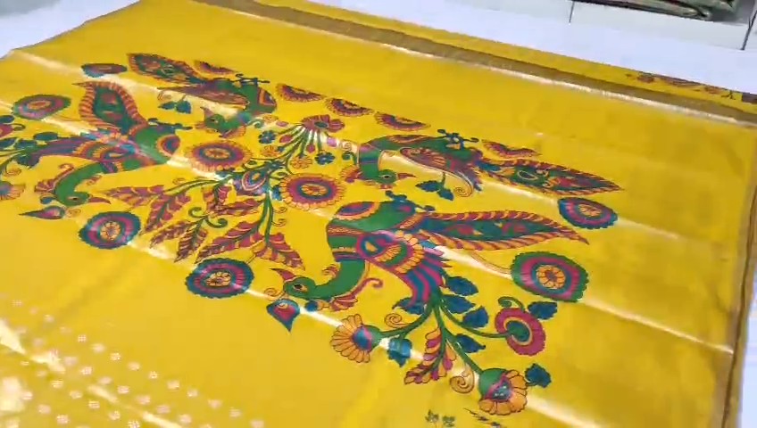 Golden Yellow Kanchipuram Handloom Kalamkari Tissue Silk Saree