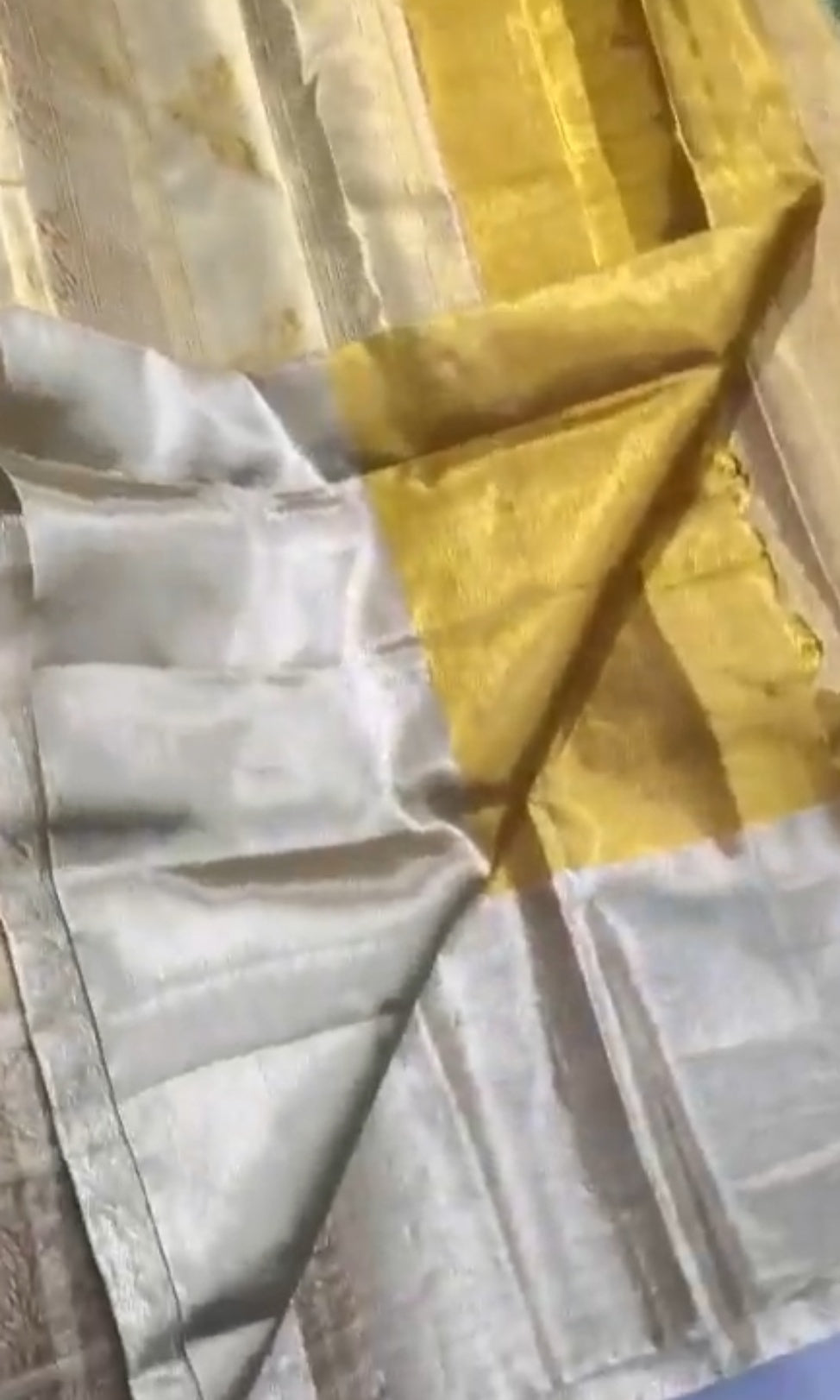 Ivory & Gold Kanchipuram Handloom Tissue Brocade Silk Meenakari Saree