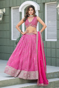 Hot Pink Leheriya Print & Embroidery Silk Lehenga Choli