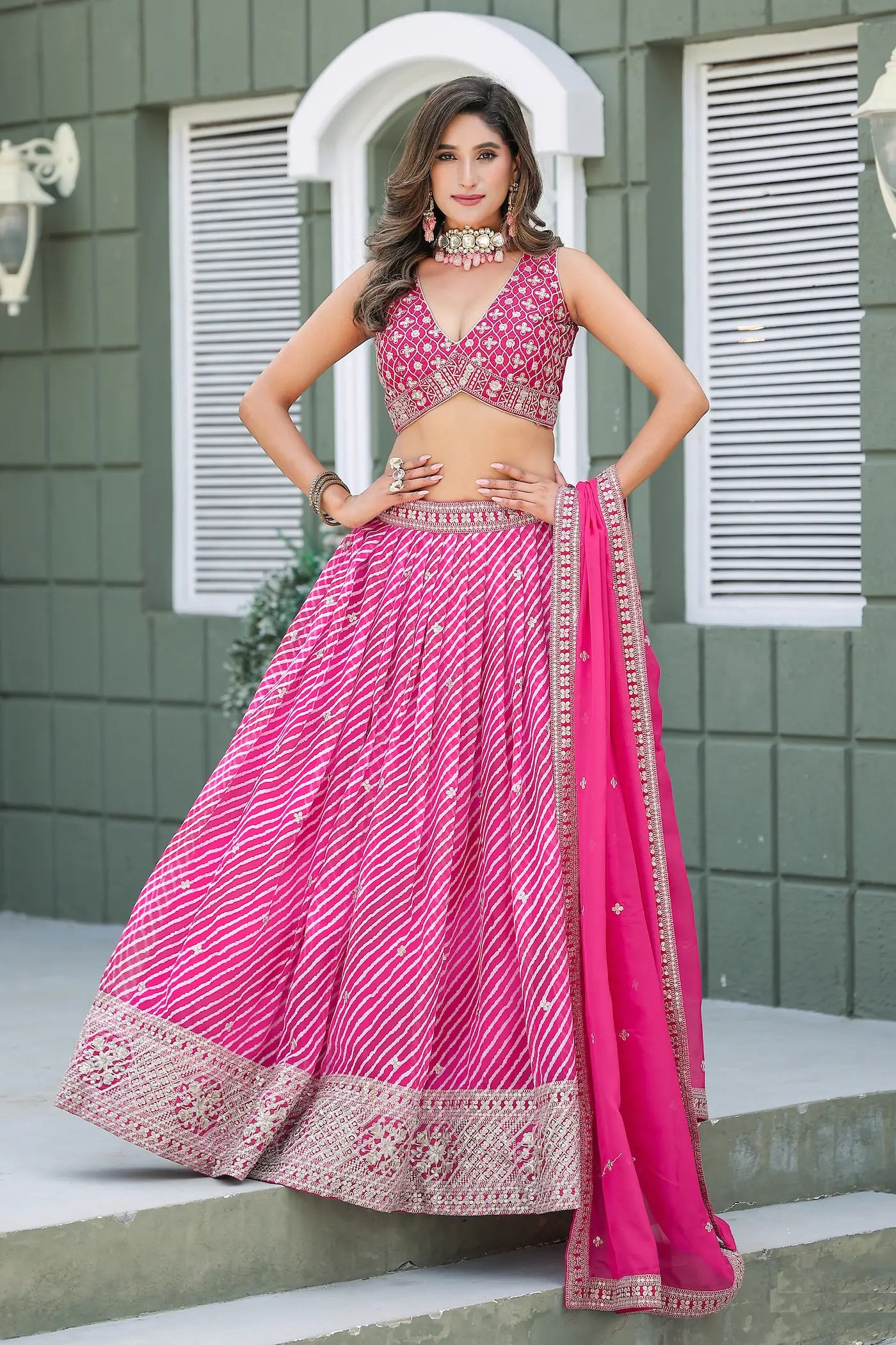 Hot Pink Leheriya Print & Embroidery Silk Lehenga Choli