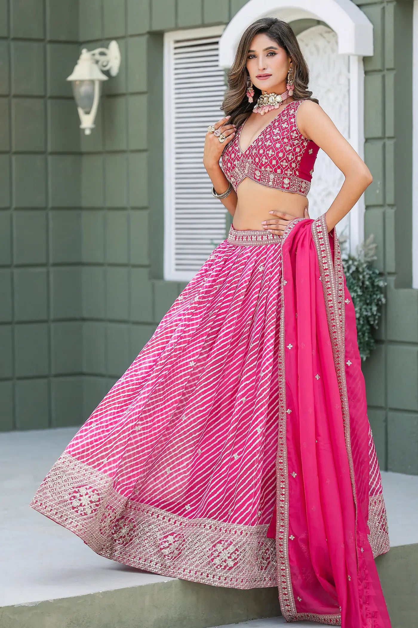 Hot Pink Leheriya Print & Embroidery Silk Lehenga Choli