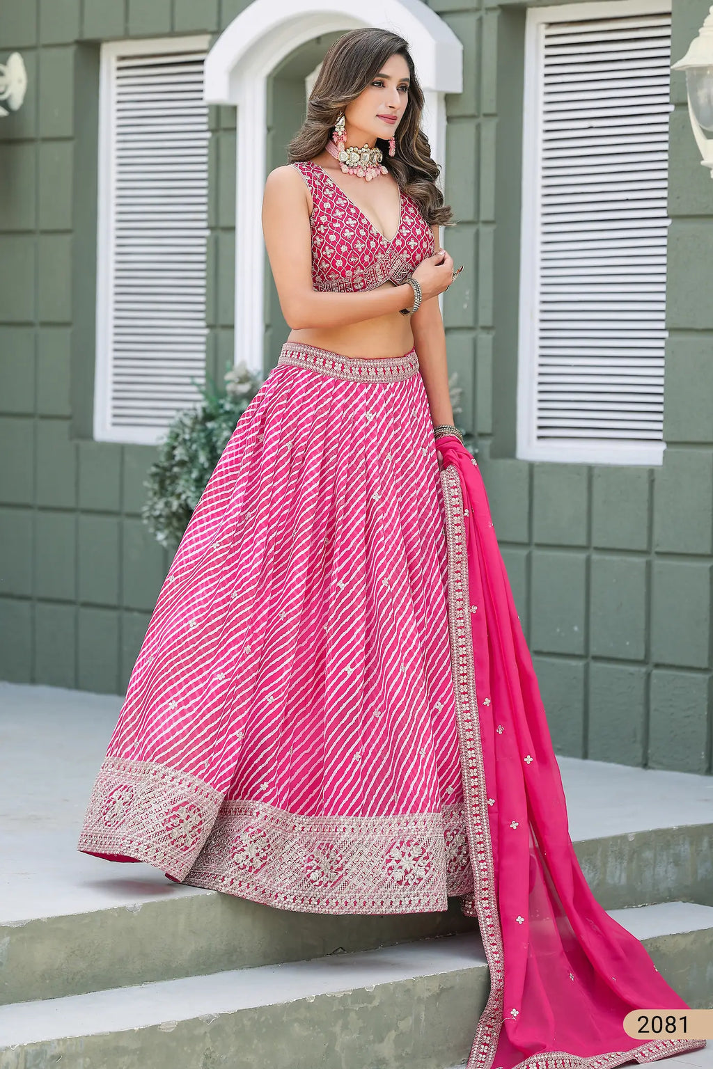 Hot Pink Leheriya Print & Embroidery Silk Lehenga Choli