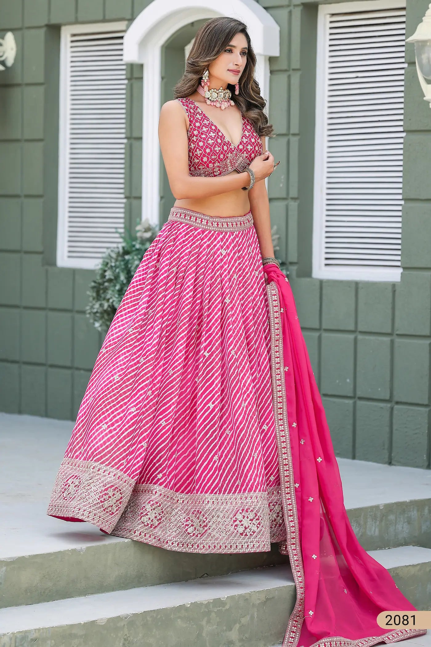 Hot Pink Leheriya Print & Embroidery Silk Lehenga Choli