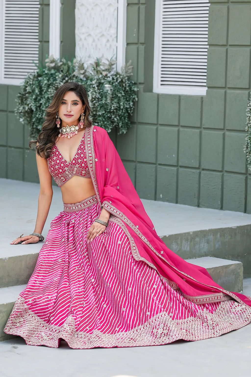 Hot Pink Leheriya Print & Embroidery Silk Lehenga Choli