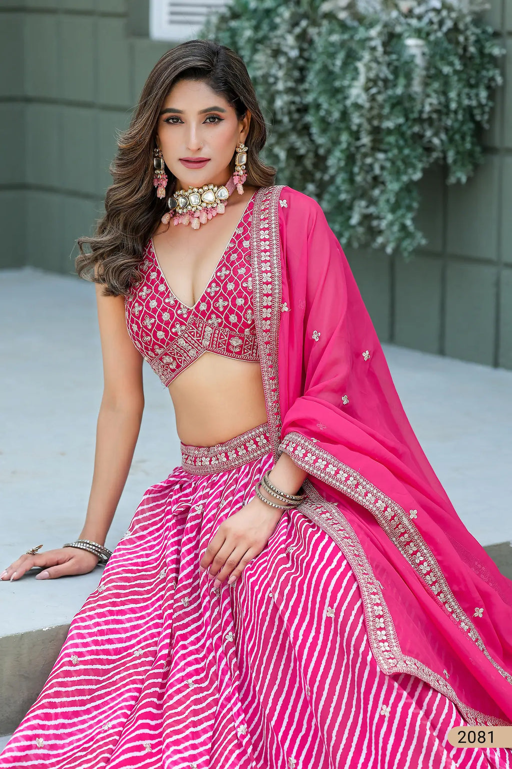 Hot Pink Leheriya Print & Embroidery Silk Lehenga Choli