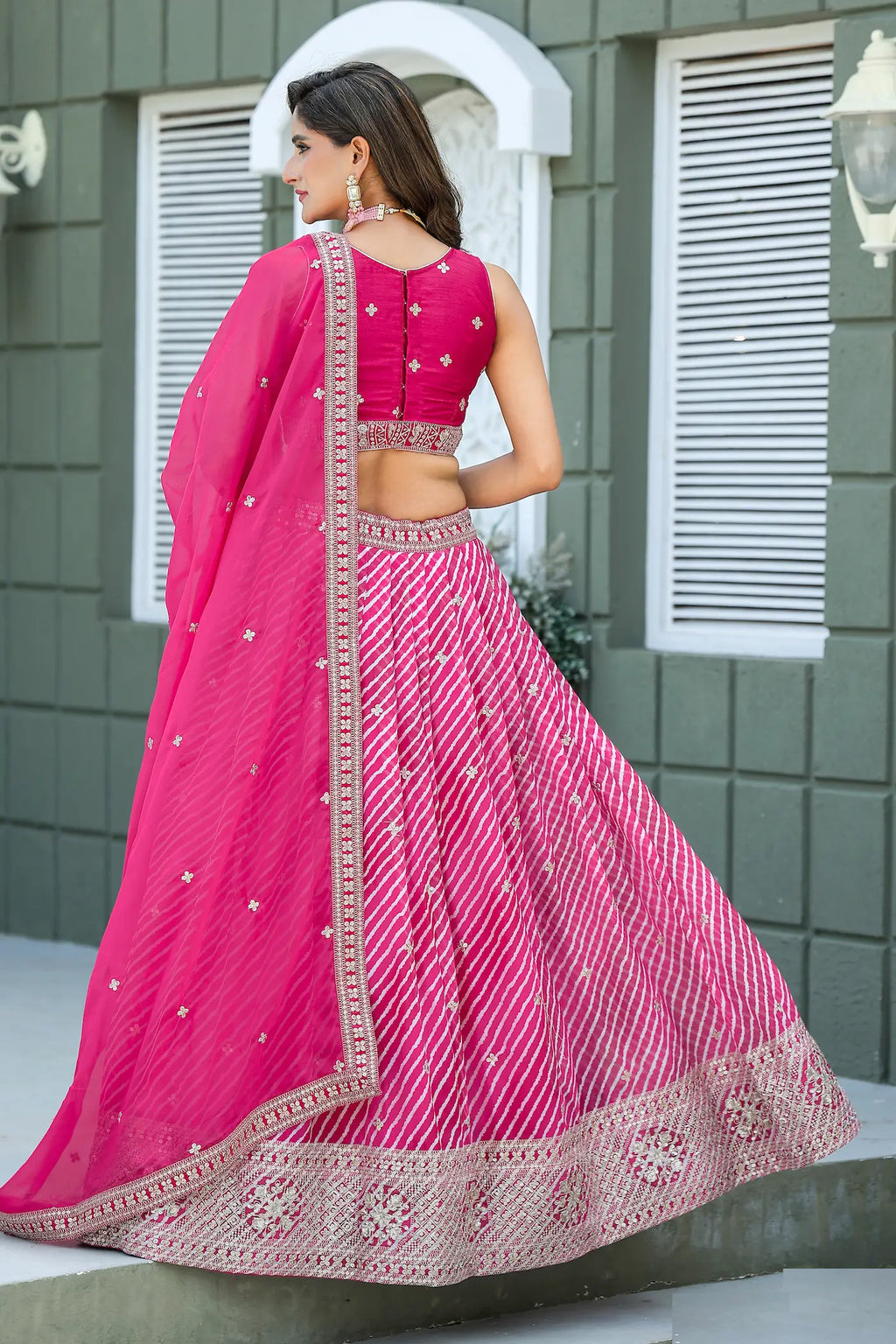 Hot Pink Leheriya Print & Embroidery Silk Lehenga Choli