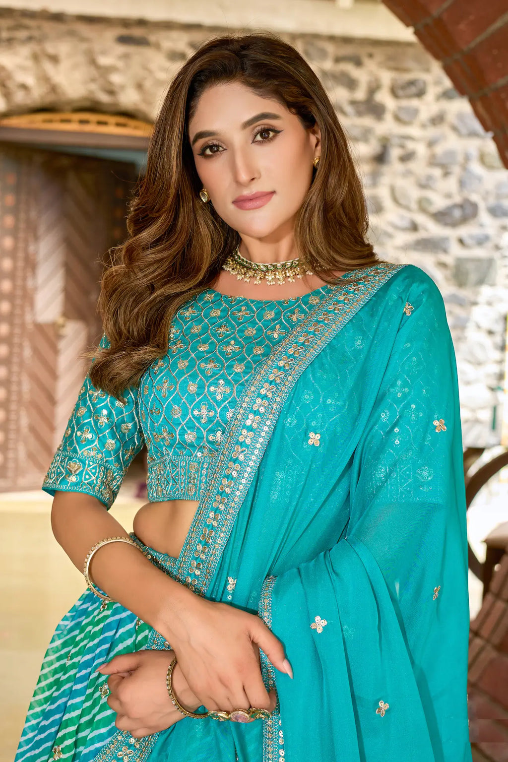 Turquoise Blue Leheriya Print & Embroidery Silk Lehenga Choli