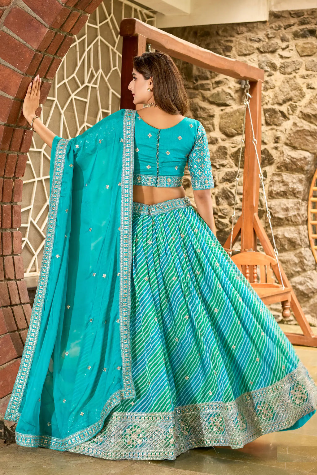 Turquoise Blue Leheriya Print & Embroidery Silk Lehenga Choli
