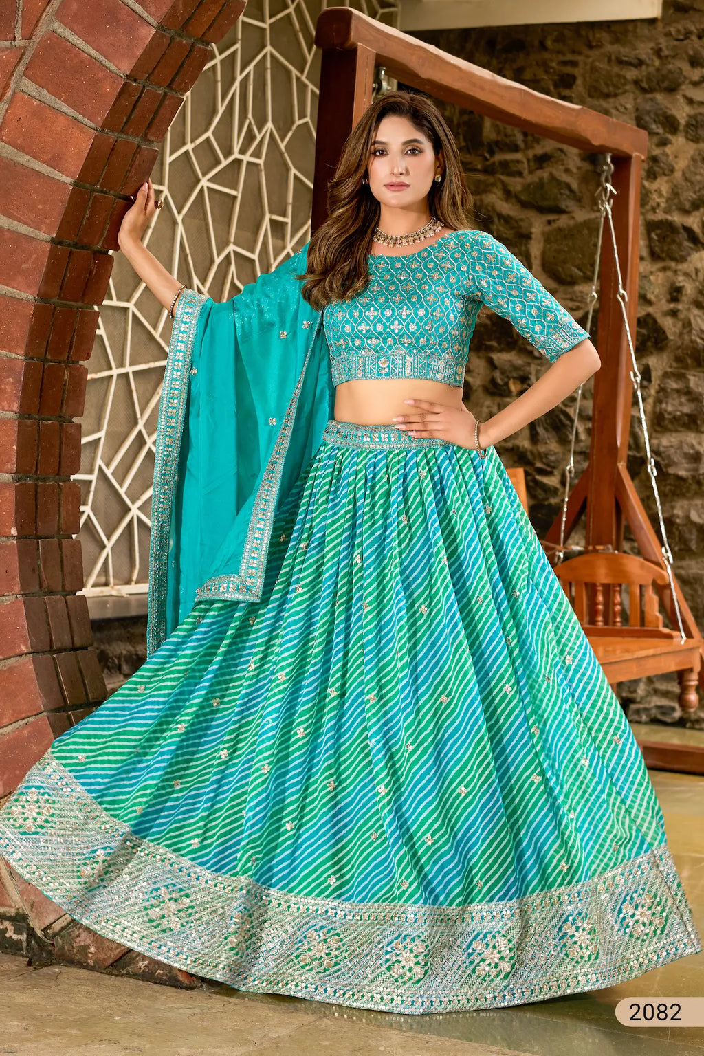 Turquoise Blue Leheriya Print & Embroidery Silk Lehenga Choli