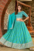 Turquoise Blue Leheriya Print & Embroidery Silk Lehenga Choli