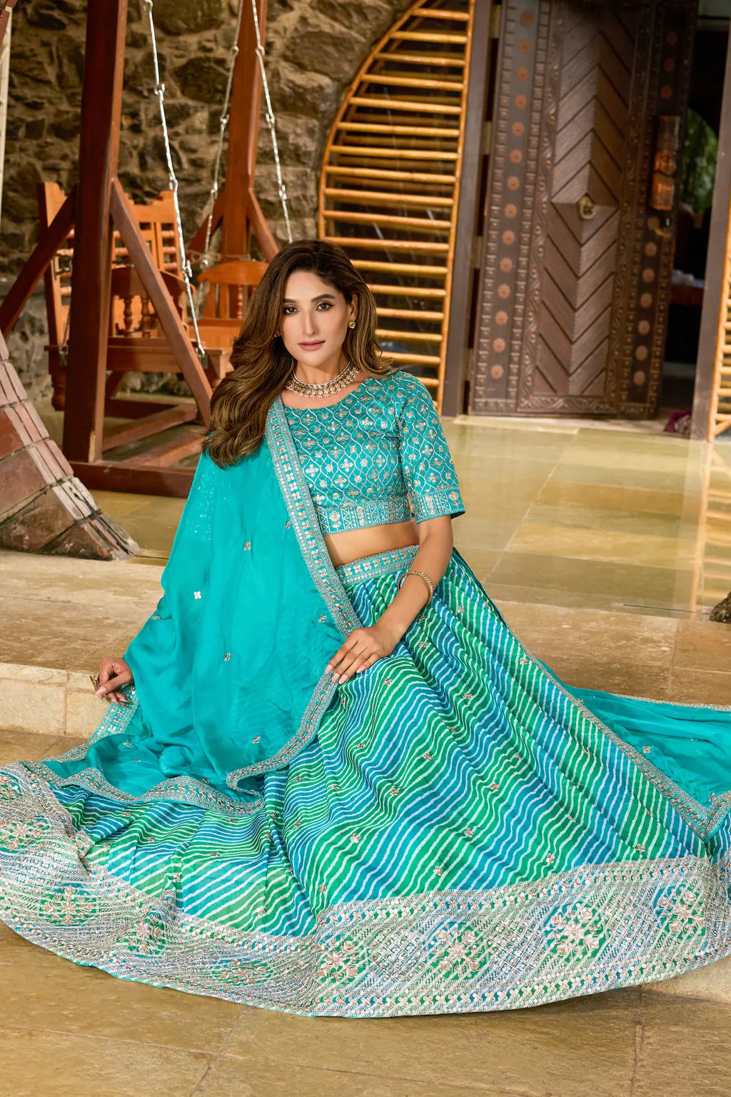 Turquoise Blue Leheriya Print & Embroidery Silk Lehenga Choli