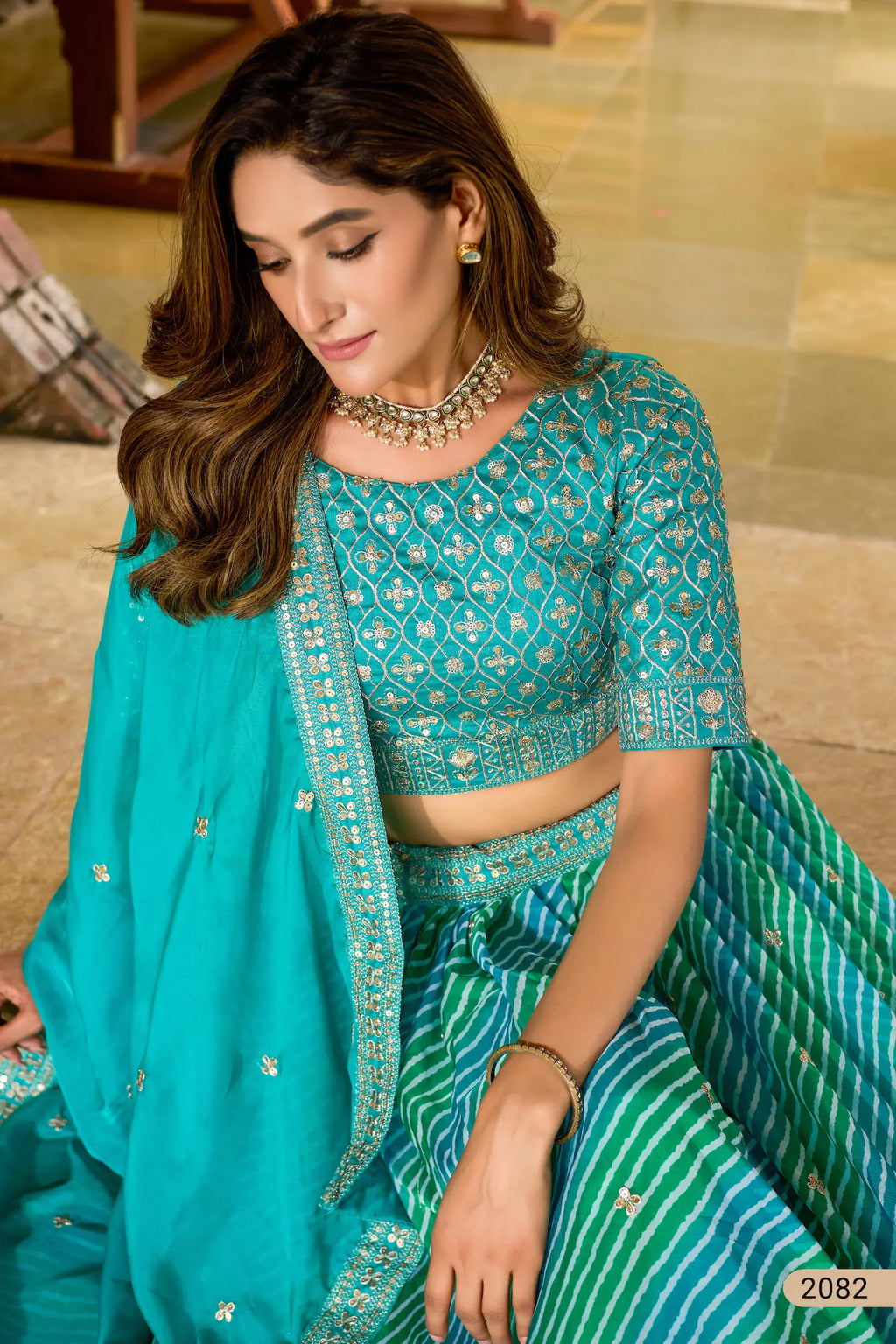 Turquoise Blue Leheriya Print & Embroidery Silk Lehenga Choli