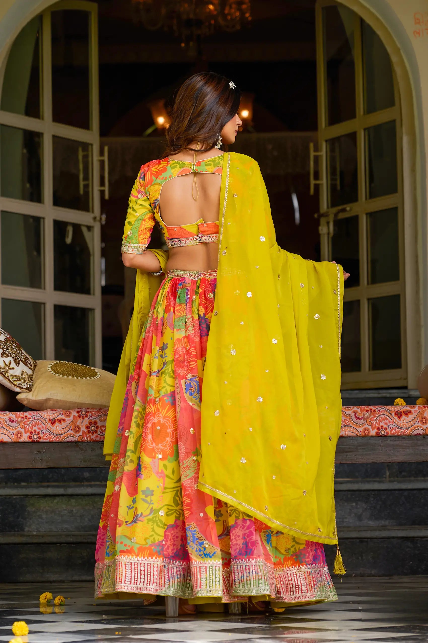 Yellow Silk Lehenga With Multicolor Print & Embroidery