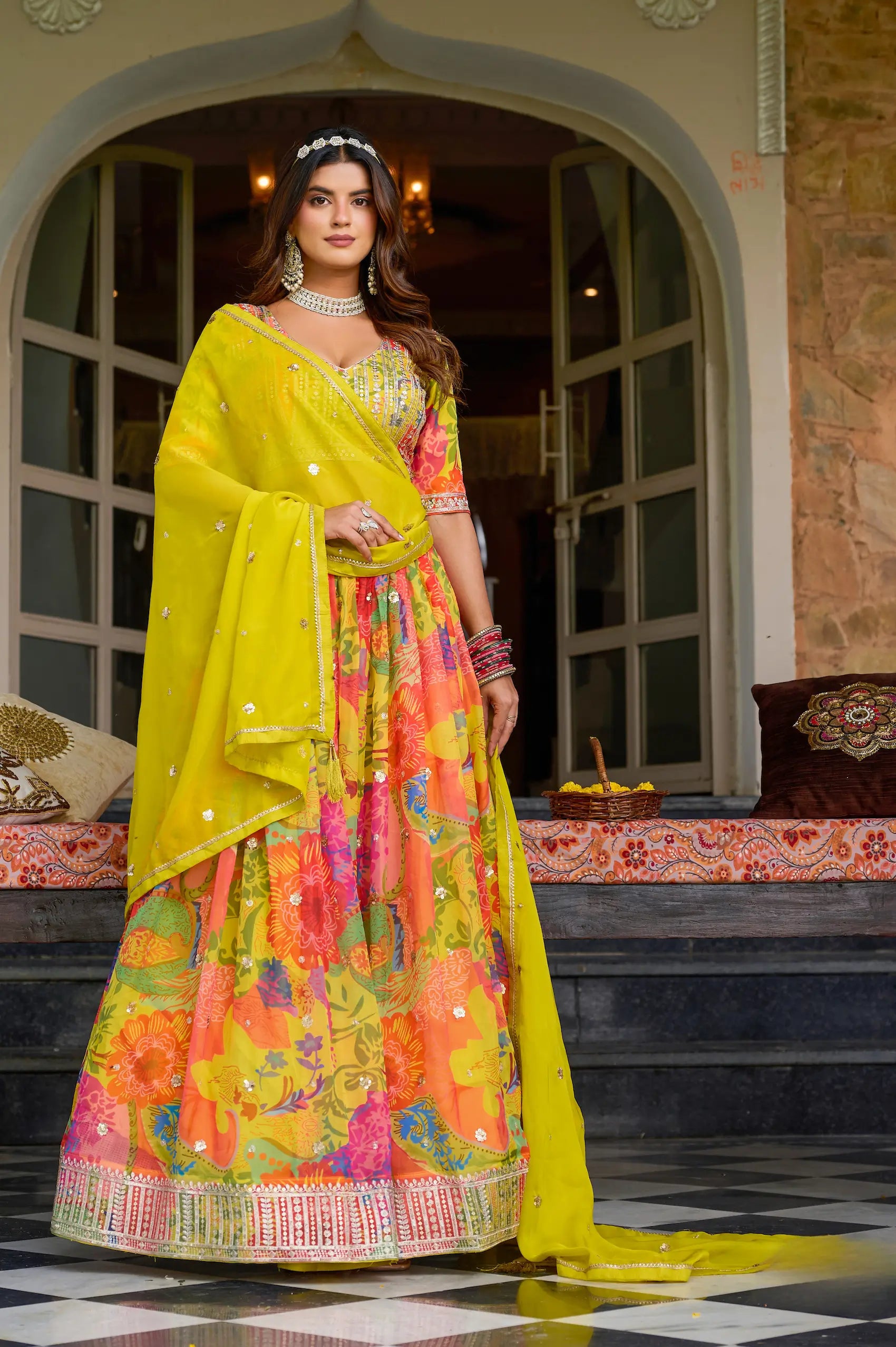 Yellow Silk Lehenga With Multicolor Print & Embroidery