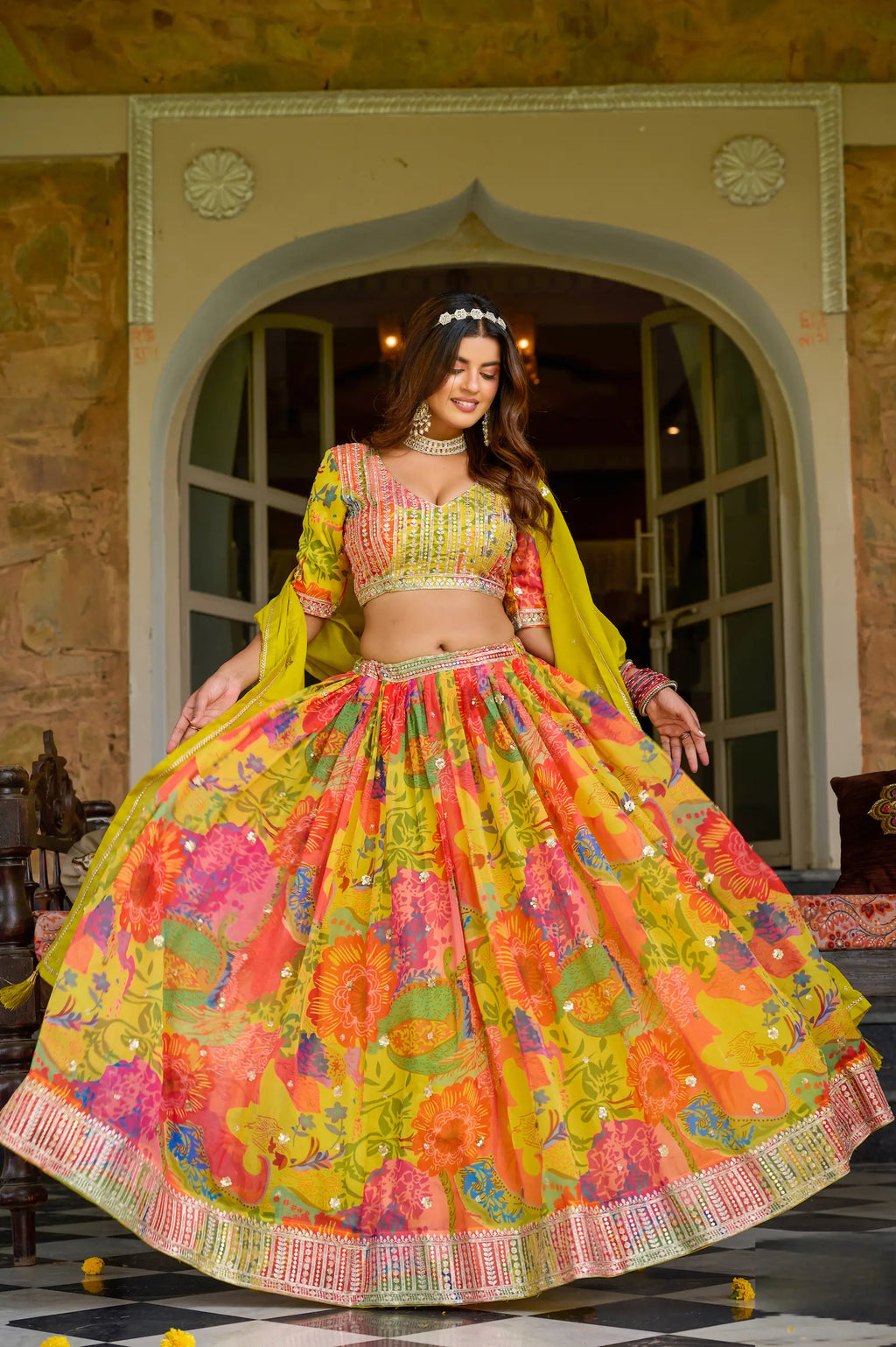 Yellow Silk Lehenga With Multicolor Print & Embroidery