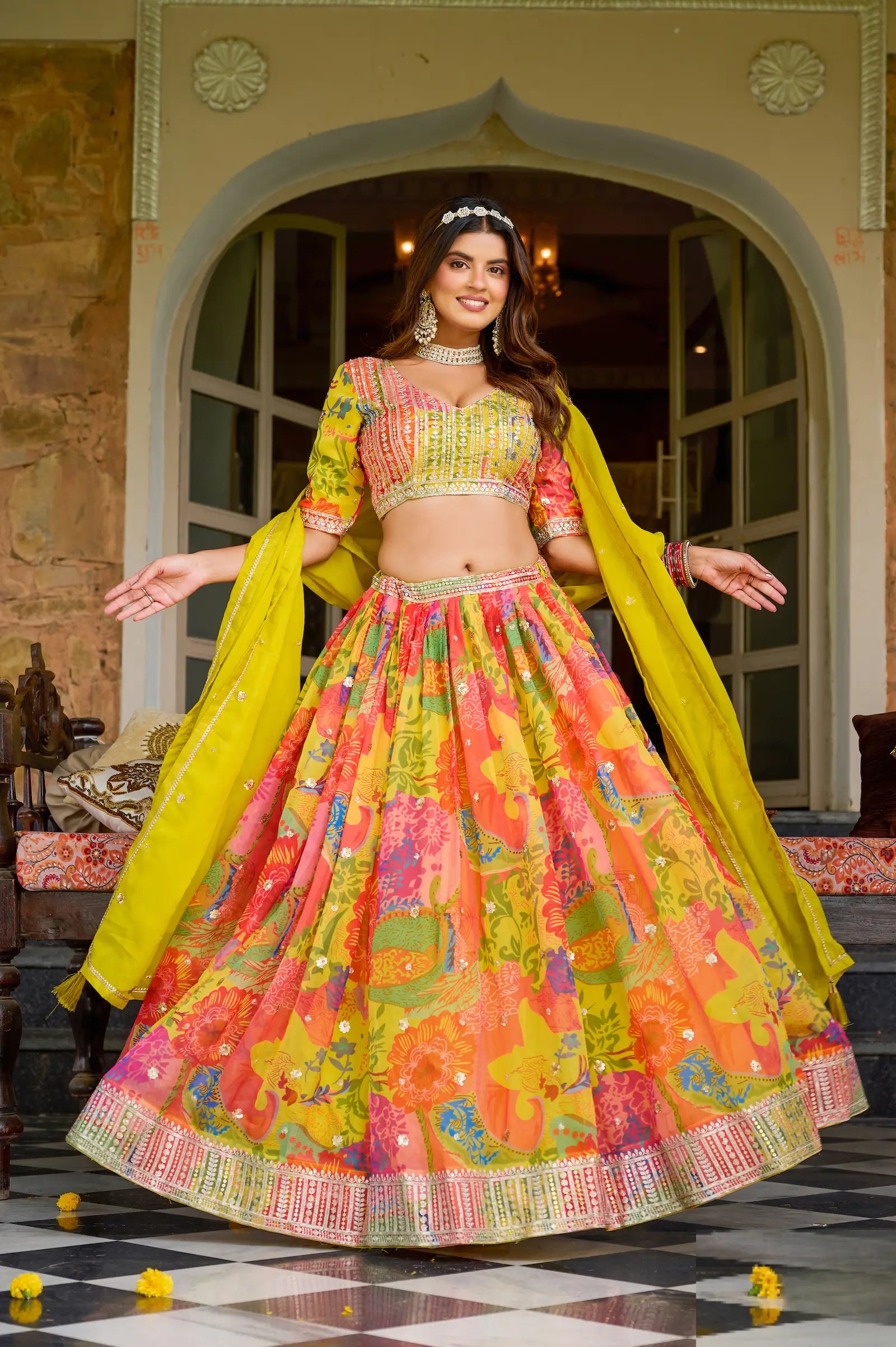 Yellow Silk Lehenga With Multicolor Print & Embroidery