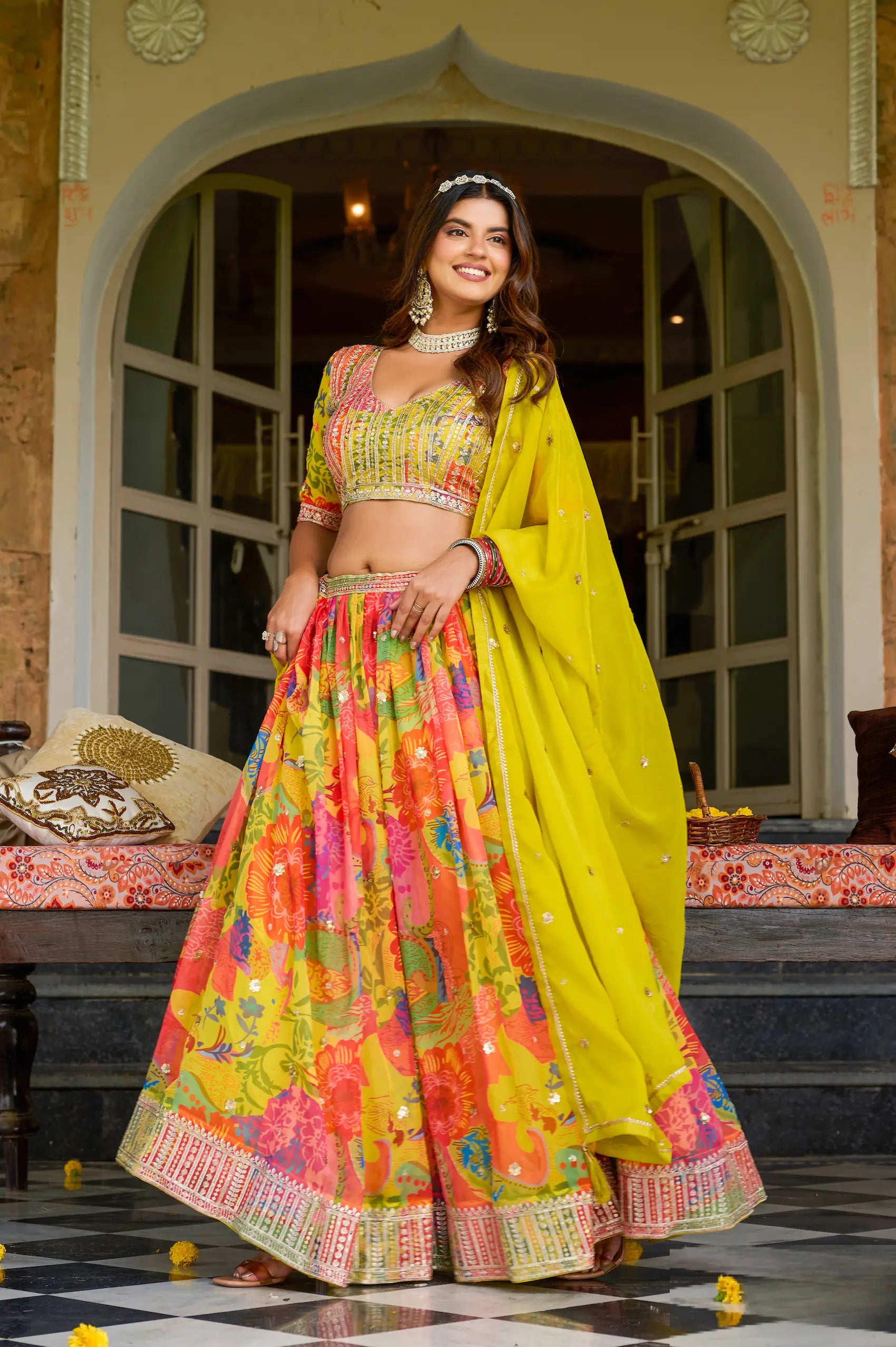 Yellow Silk Lehenga With Multicolor Print & Embroidery