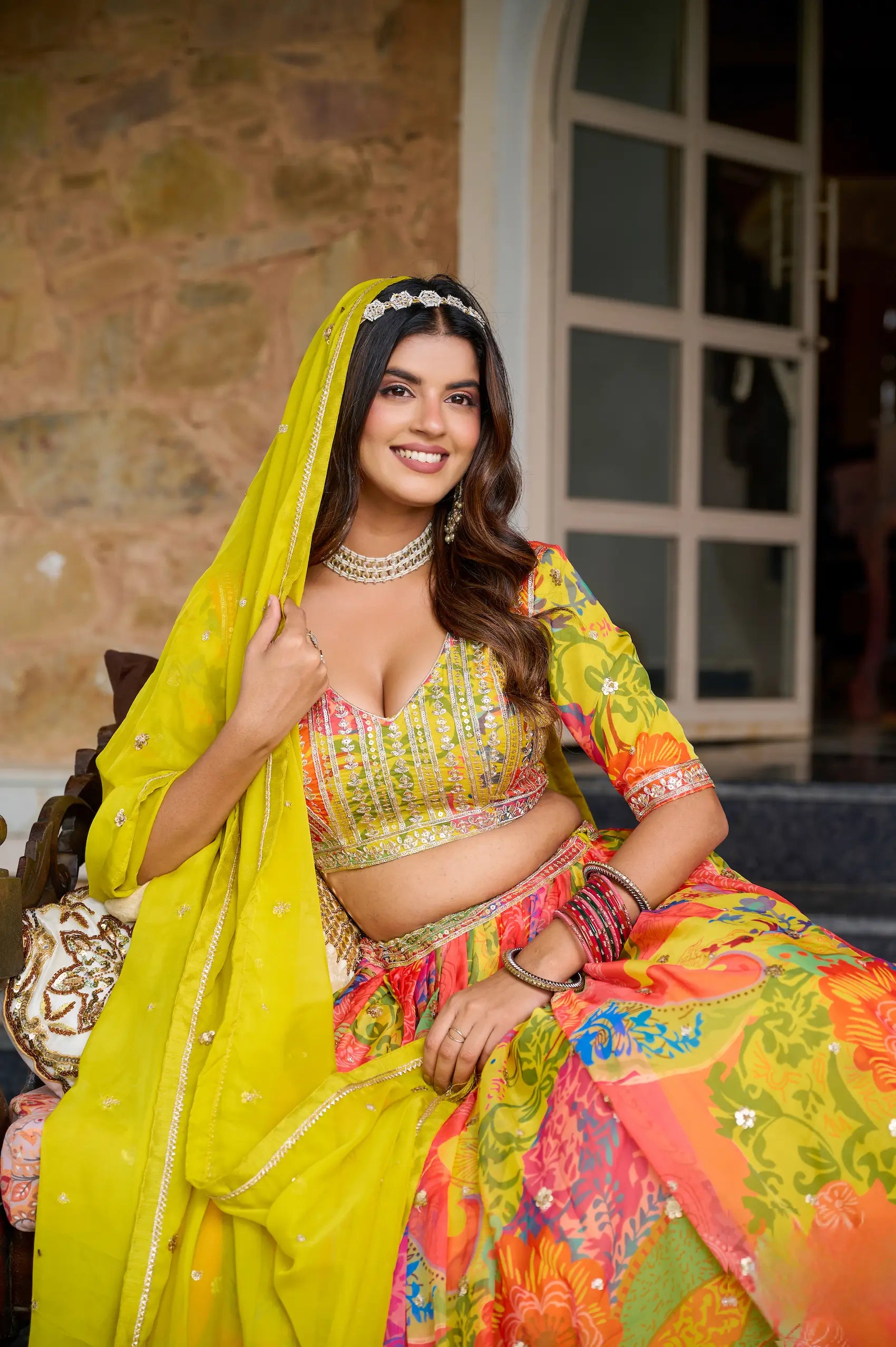 Yellow Silk Lehenga With Multicolor Print & Embroidery