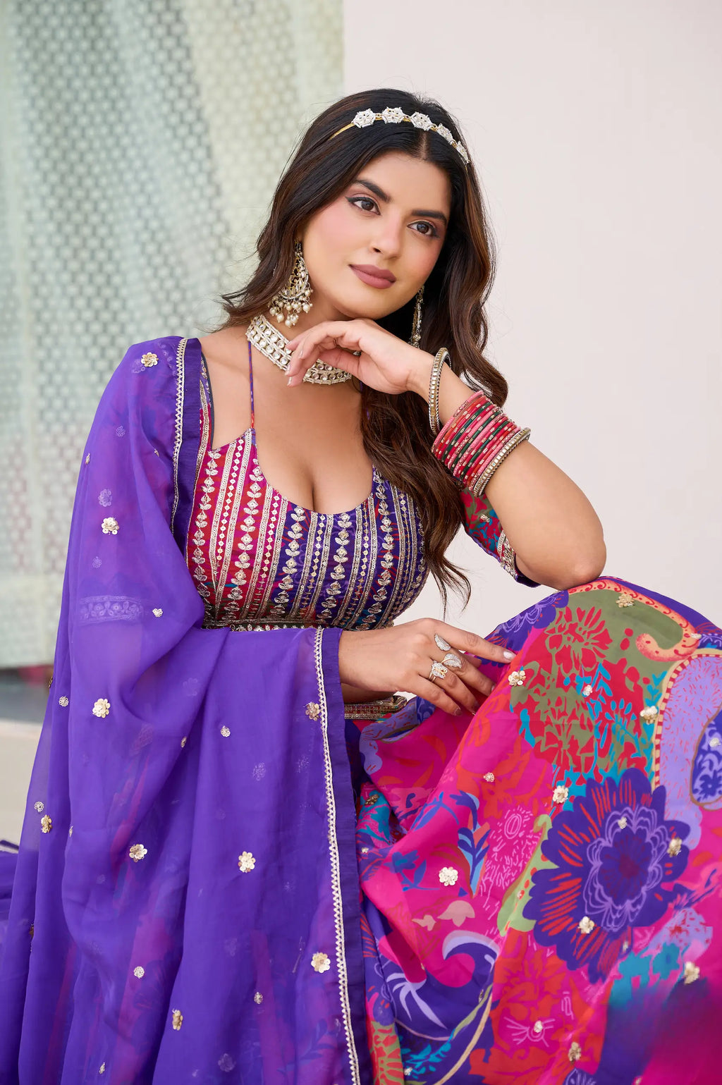 Purple Silk Lehenga With Multicolor Print & Embroidery