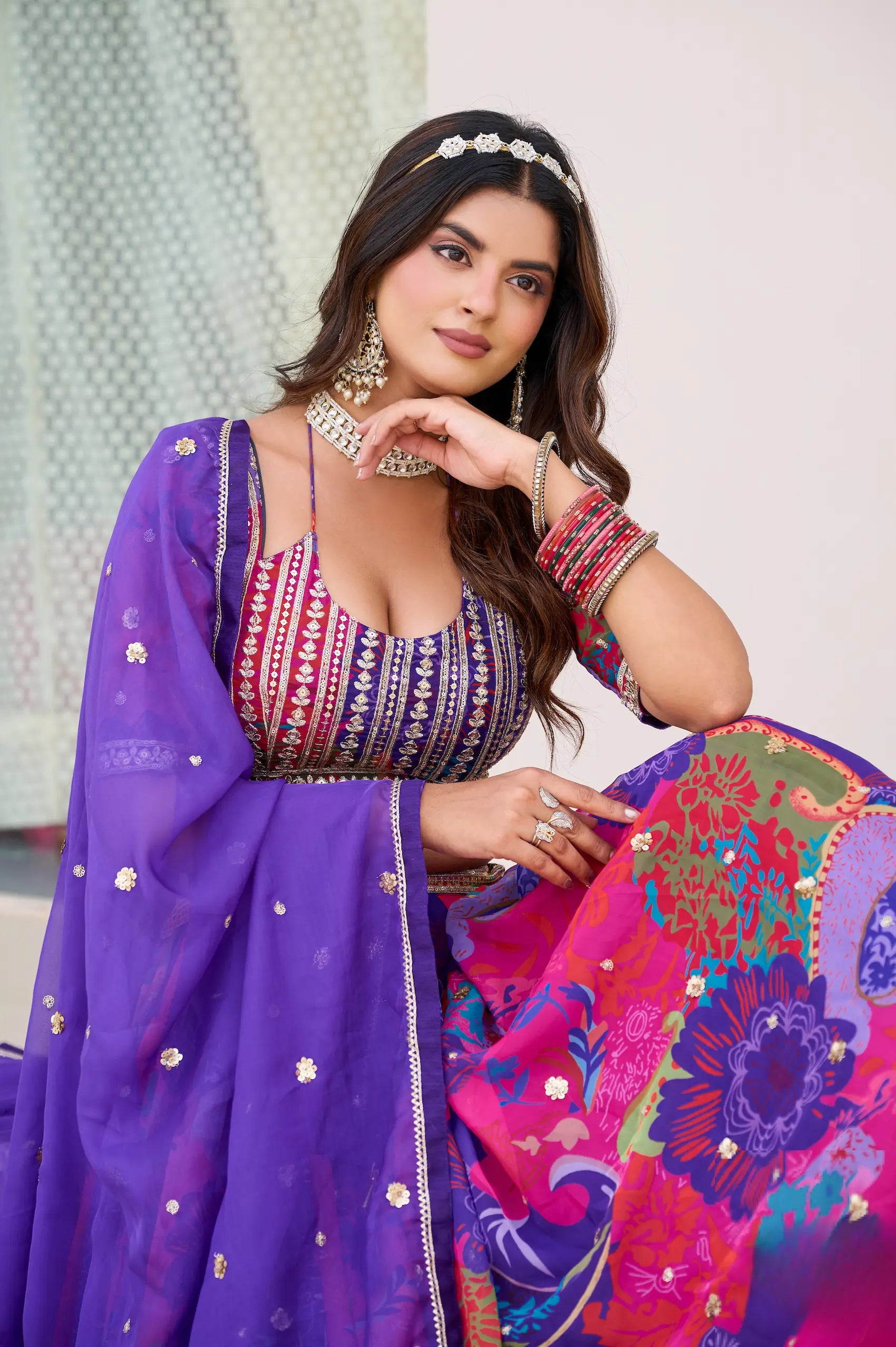Purple Silk Lehenga With Multicolor Print & Embroidery