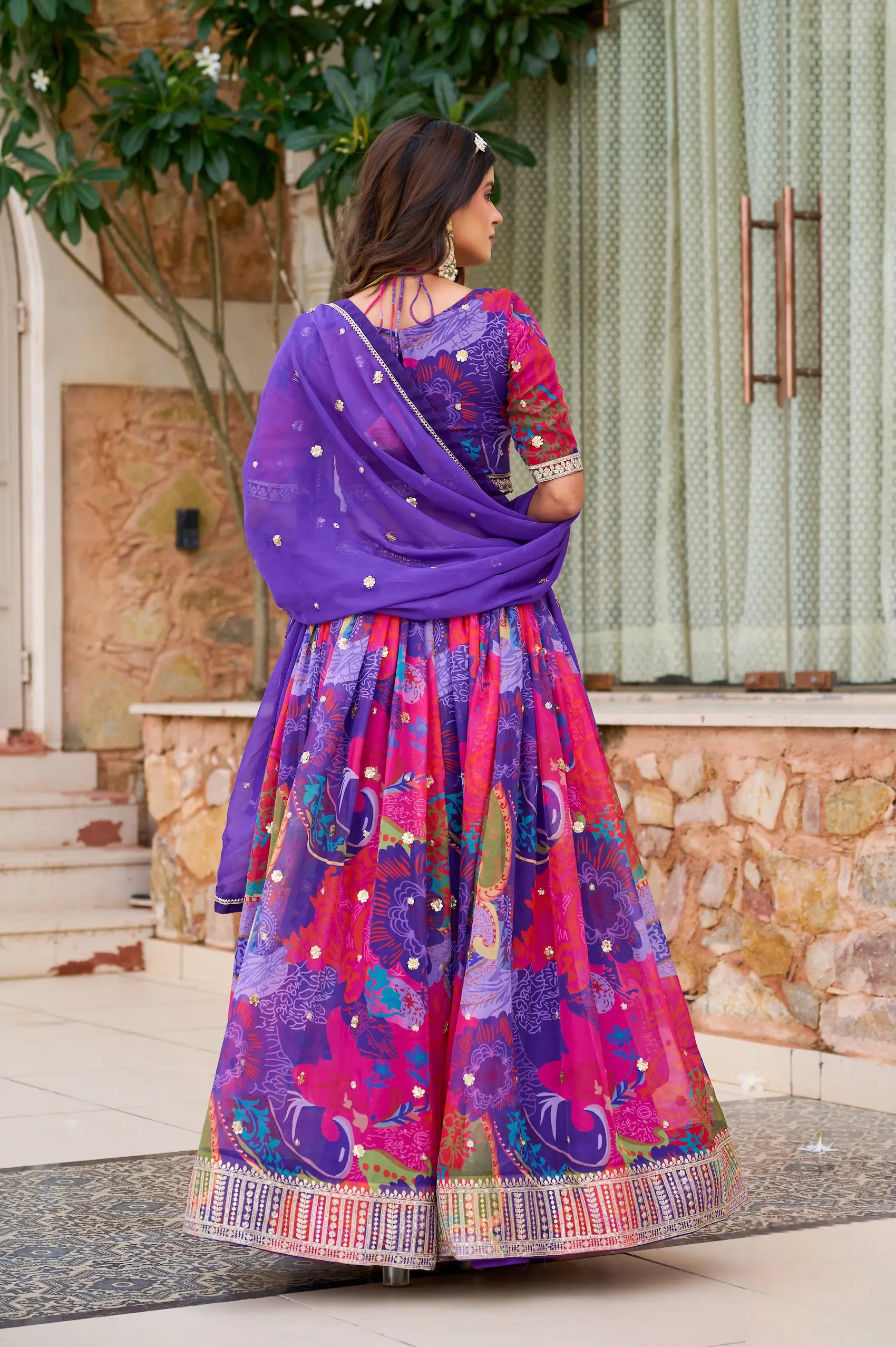 Purple Silk Lehenga With Multicolor Print & Embroidery