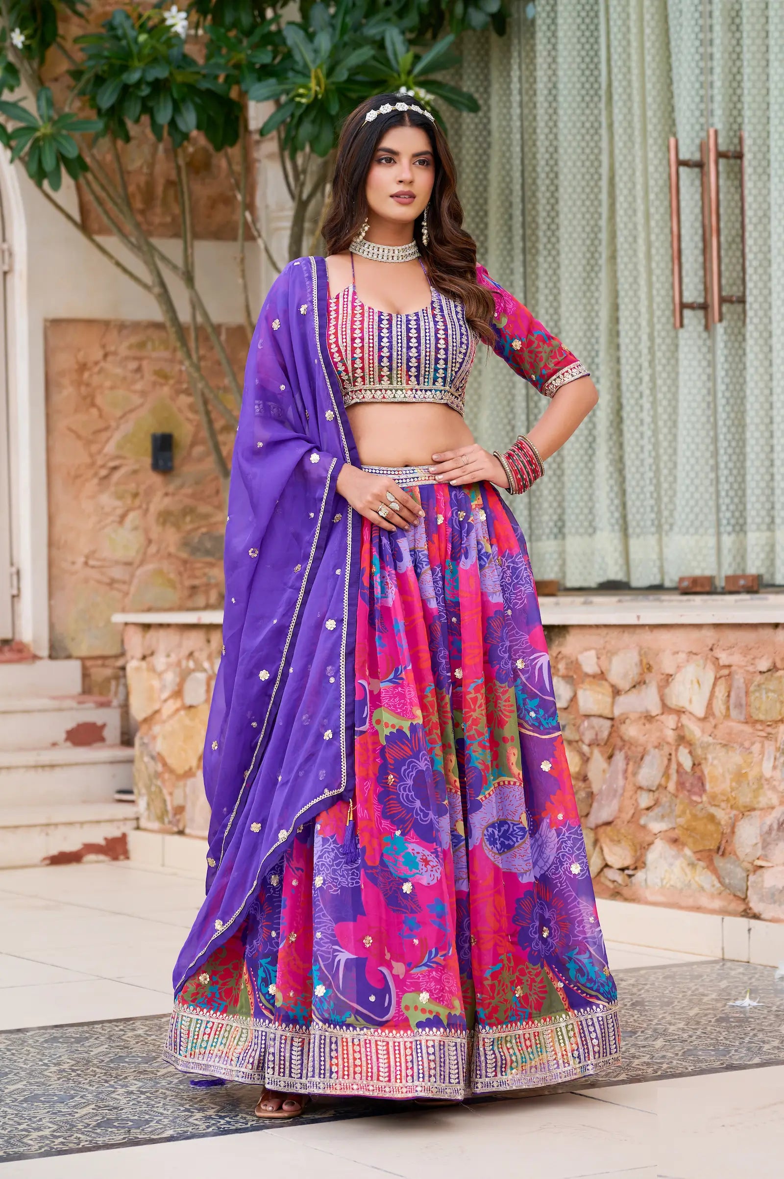Purple Silk Lehenga With Multicolor Print & Embroidery