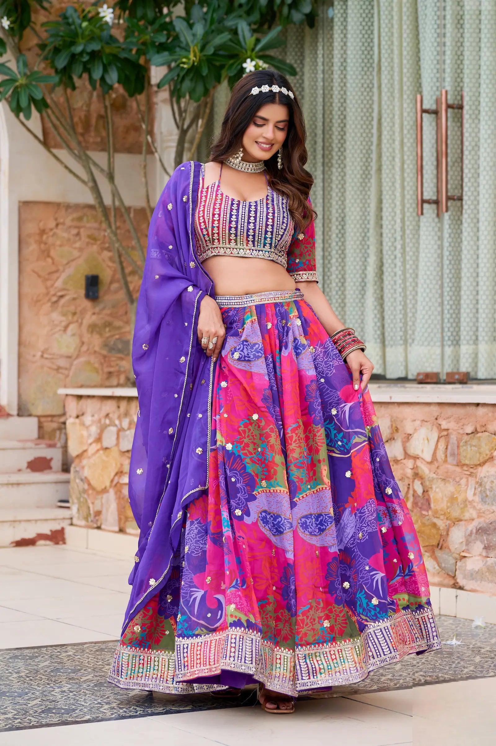 Purple Silk Lehenga With Multicolor Print & Embroidery