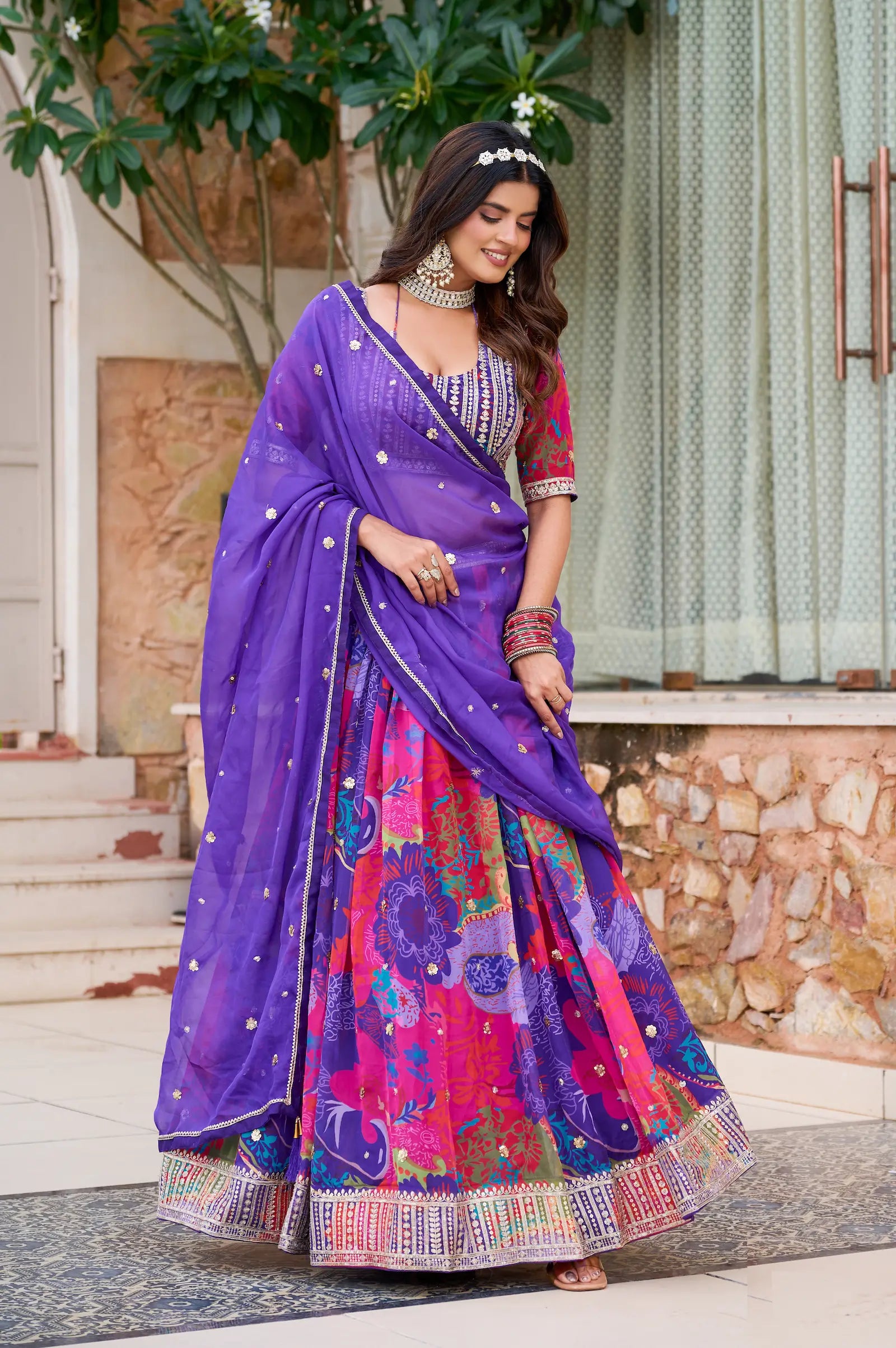 Purple Silk Lehenga With Multicolor Print & Embroidery