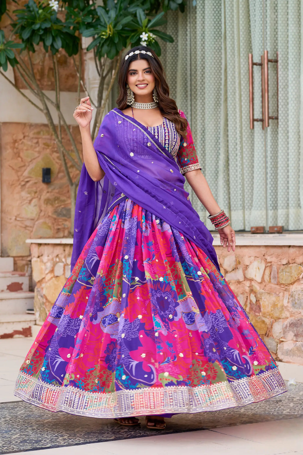 Purple Silk Lehenga With Multicolor Print & Embroidery