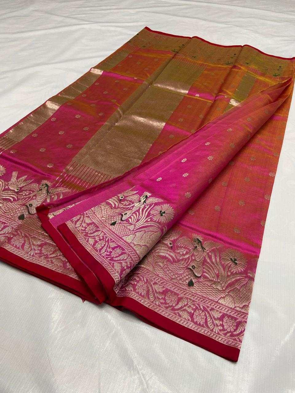 Hot Pink Chanderi Handloom Pattu Silk Meenakari Handwork Saree