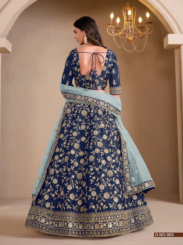 Dark Blue Art Silk Designer Lehenga Choli with Sequins Work